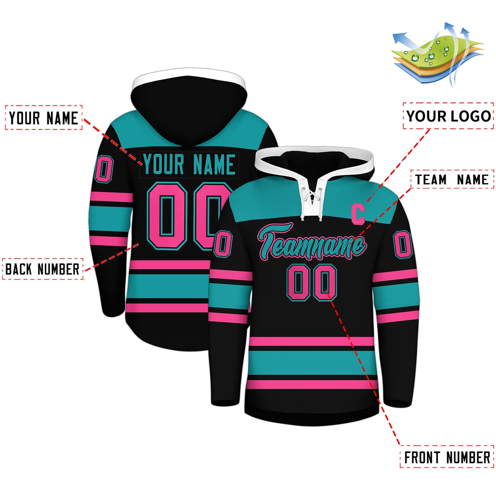 Custom Hockey Hoodie Jersey Black Aqua Raglan Sleeves Lace-Up Neck Personalized Jersey for Men & Youth