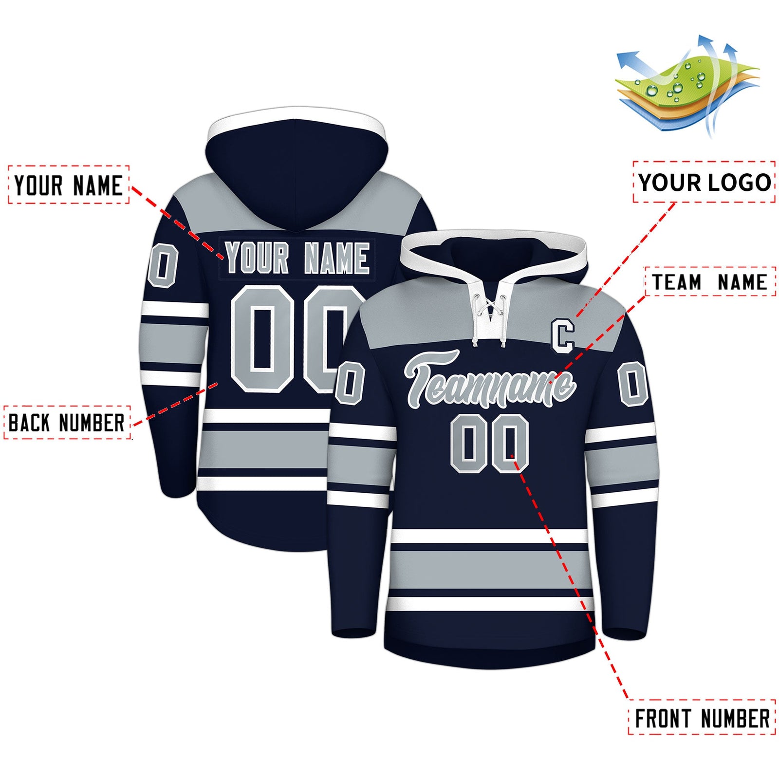 Custom Hockey Hoodie Jersey Navy Silver Raglan Sleeves Lace-Up Neck Personalized Jersey for Men & Youth