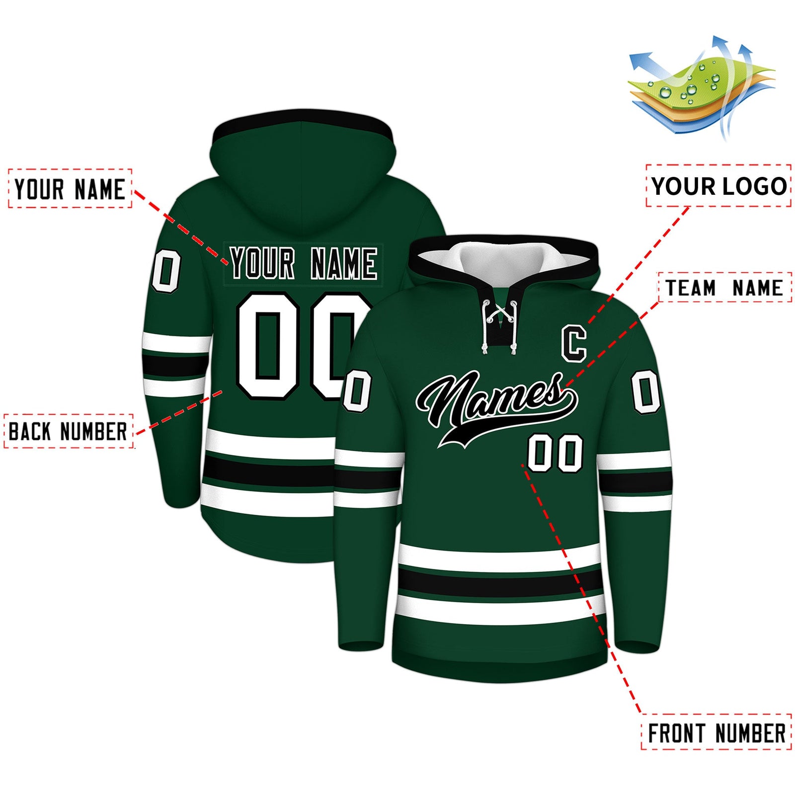 Custom Hockey Hoodie Jersey Dark Green Black Classic Style for Men&Youth