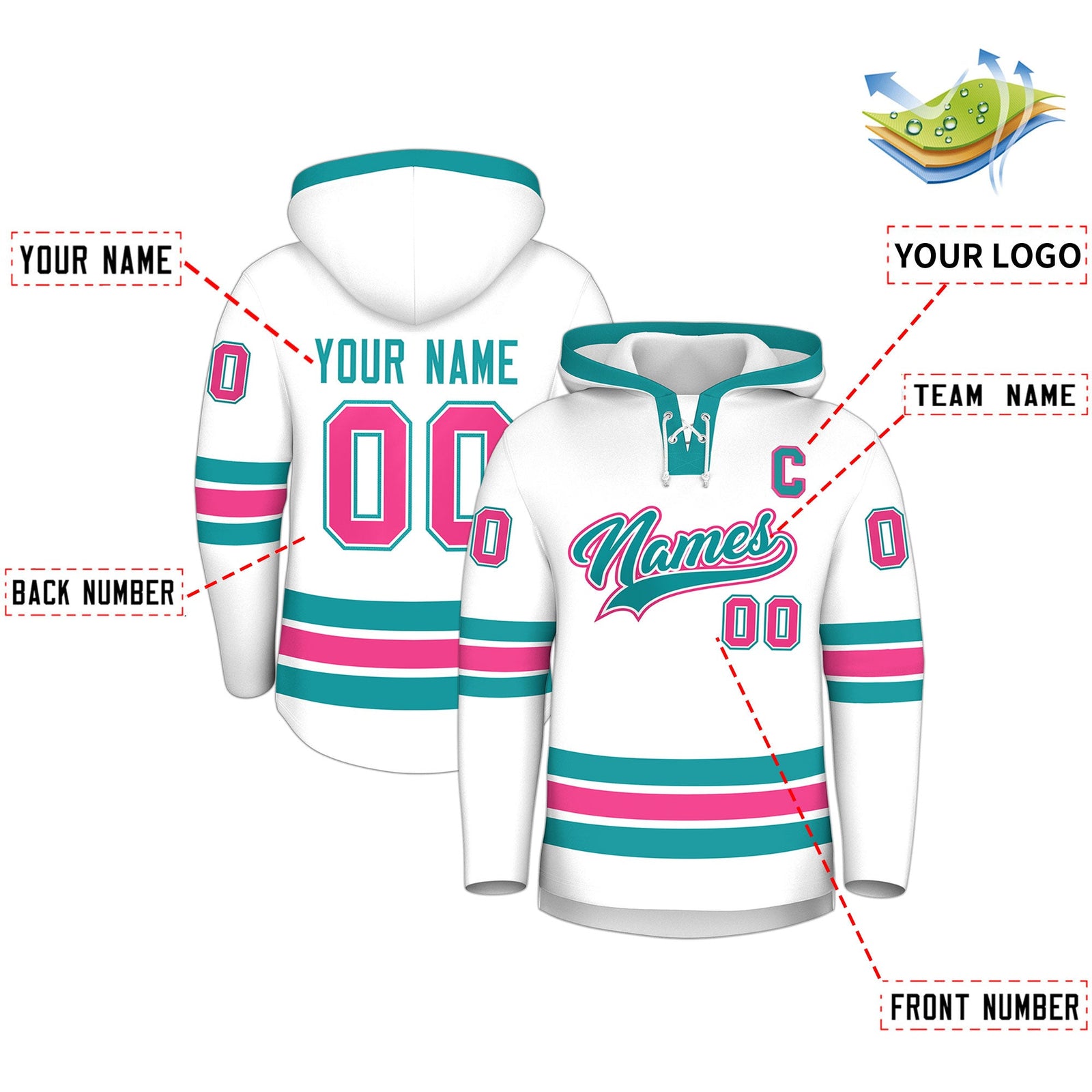 Custom Hockey Hoodie Jersey White Aqua Classic Style for Men&Youth