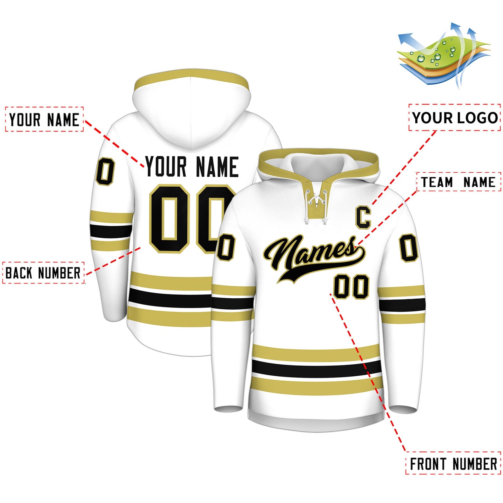 Custom Hockey Hoodie Jersey White Old Gold Classic Style Add Name,Number & Logo