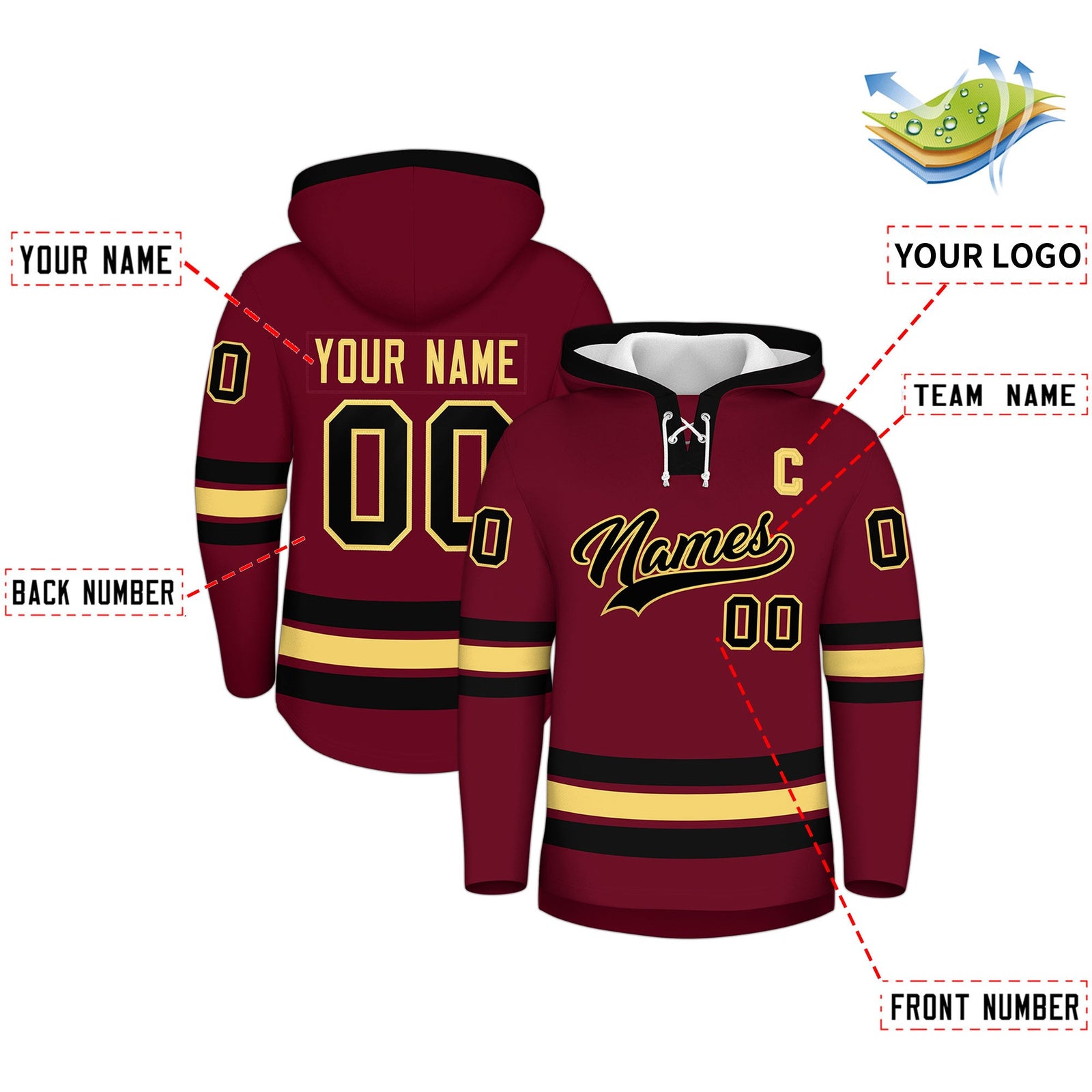 Custom Hockey Hoodie Jersey Crimson Black Classic Style Add Name,Number & Logo