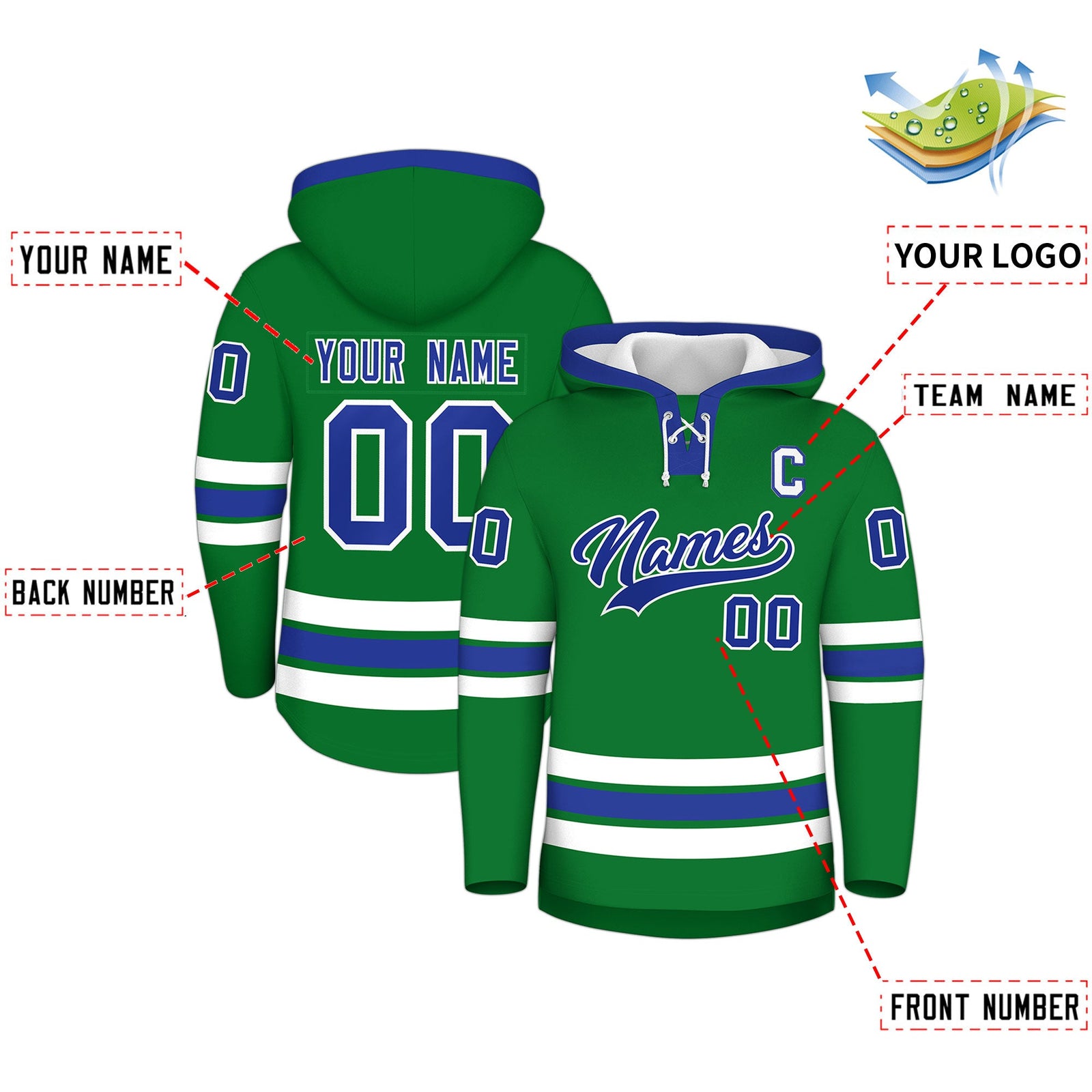 Custom Hockey Hoodie Jersey Kelly Green Royal Blue Classic Style Add Name,Number & Logo