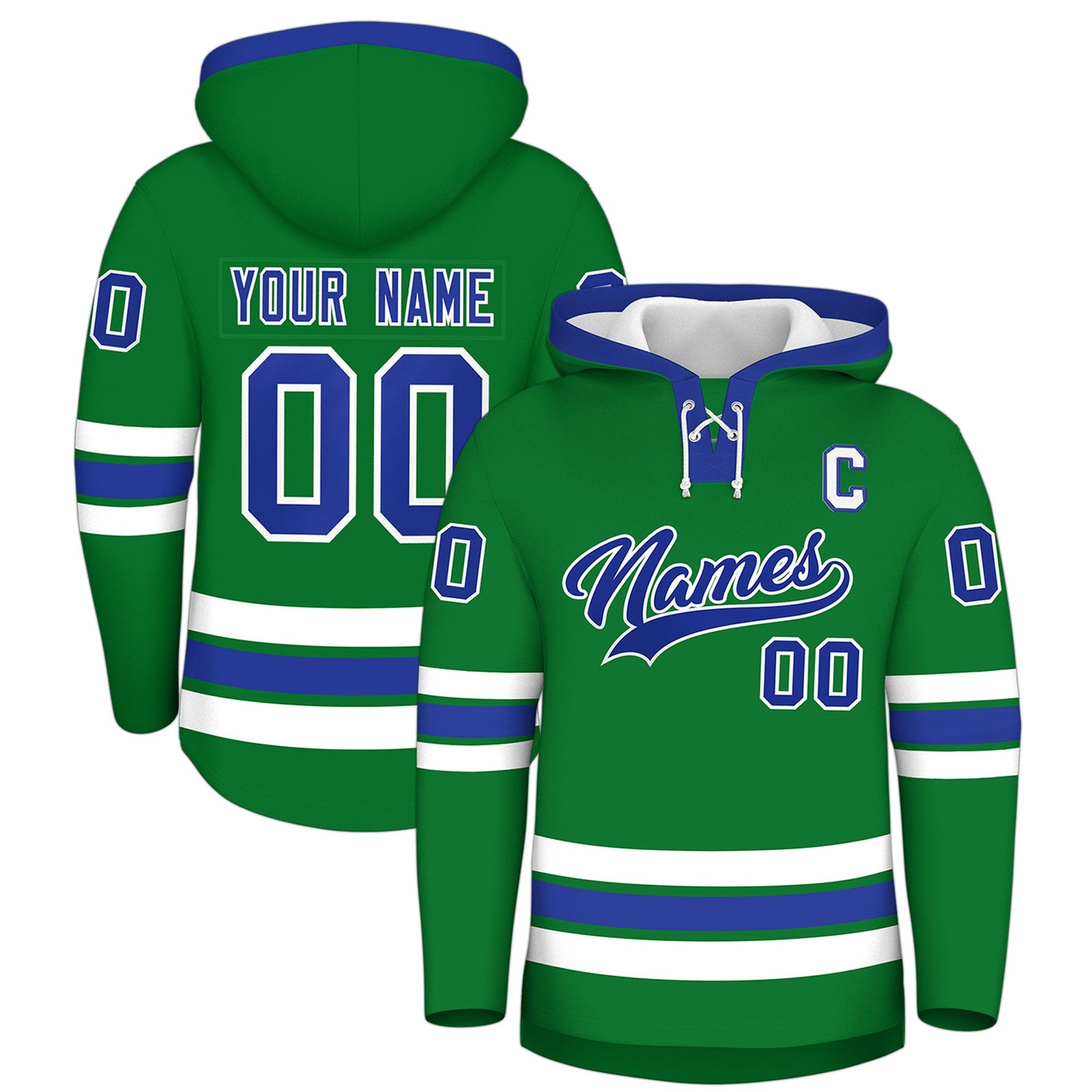 Custom Hockey Hoodie Jersey Kelly Green Royal Blue Classic Style Add Name,Number & Logo