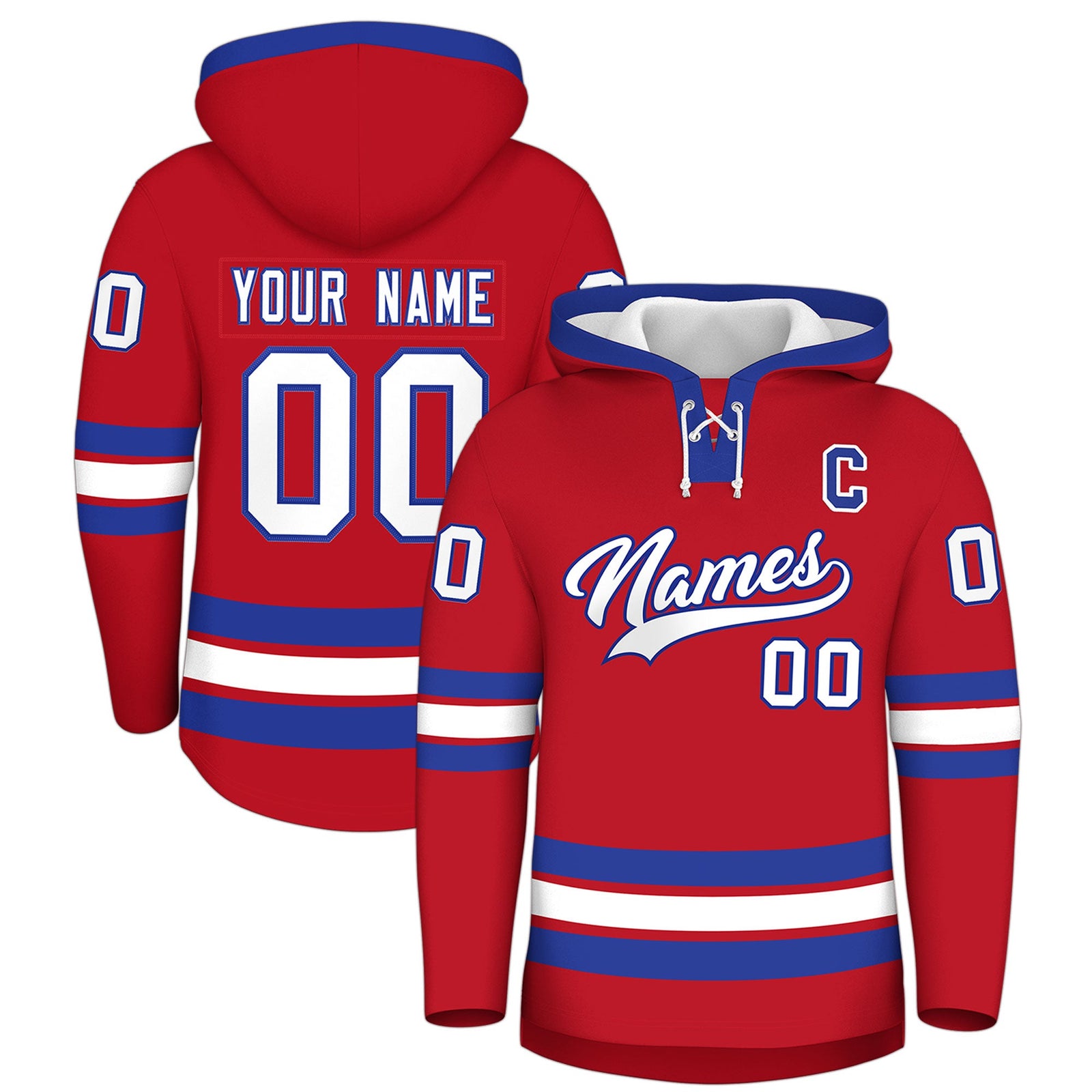 Custom Hockey Hoodie Jersey Red Royal Blue Classic Style Add Name,Number & Logo