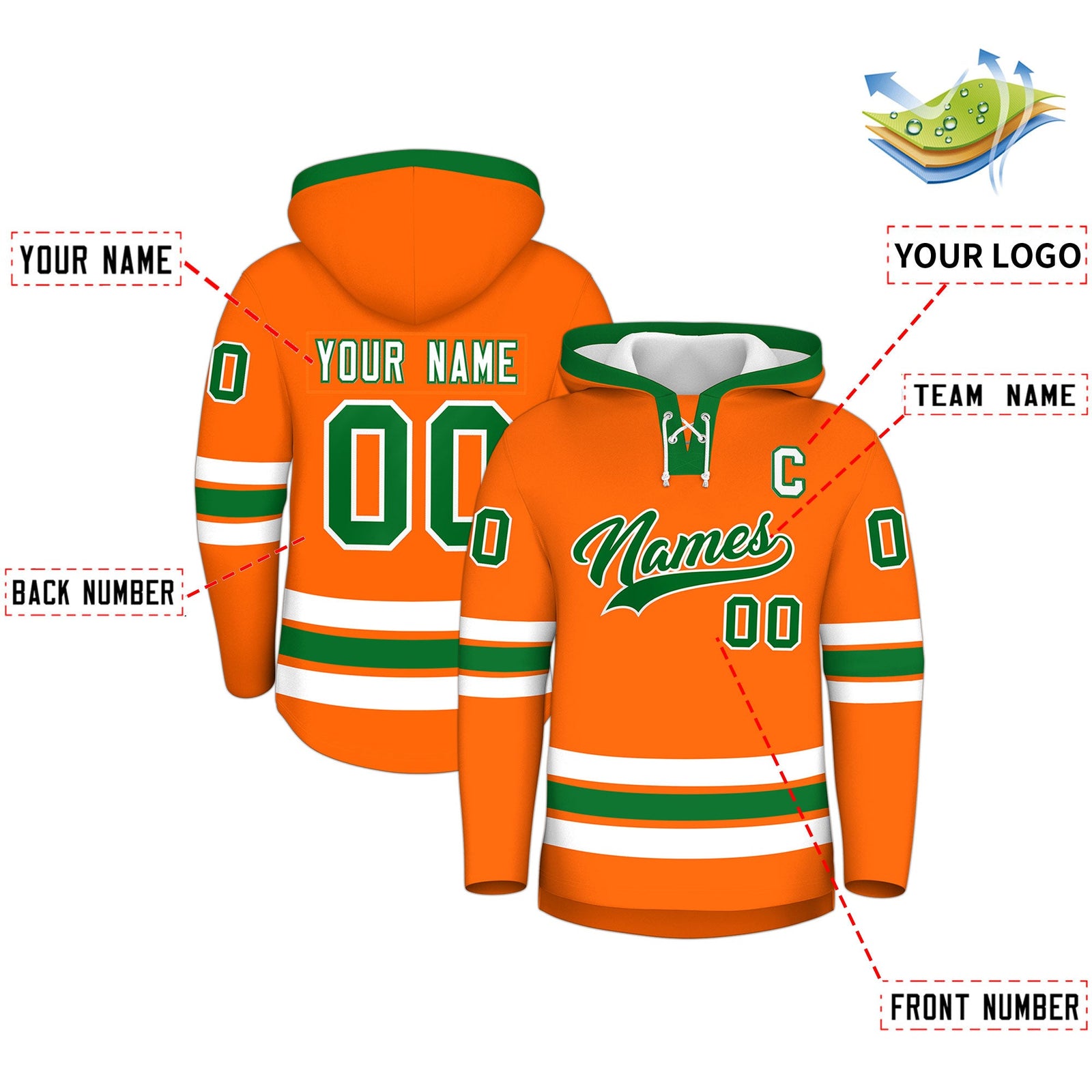 Custom Hockey Hoodie Jersey Orange Kelly Green Classic Style Add Name,Number & Logo