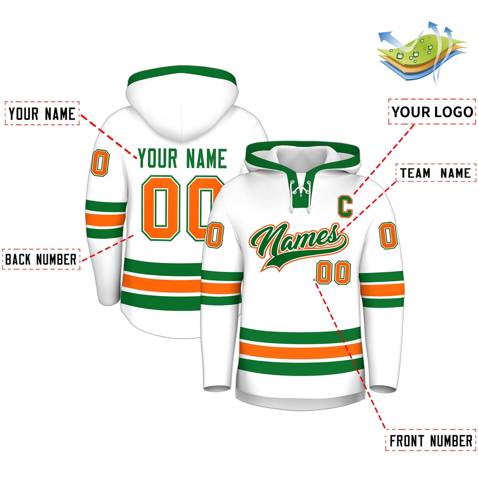 Custom Hockey Hoodie Jersey White Kelly Green Classic Style for Men&Youth