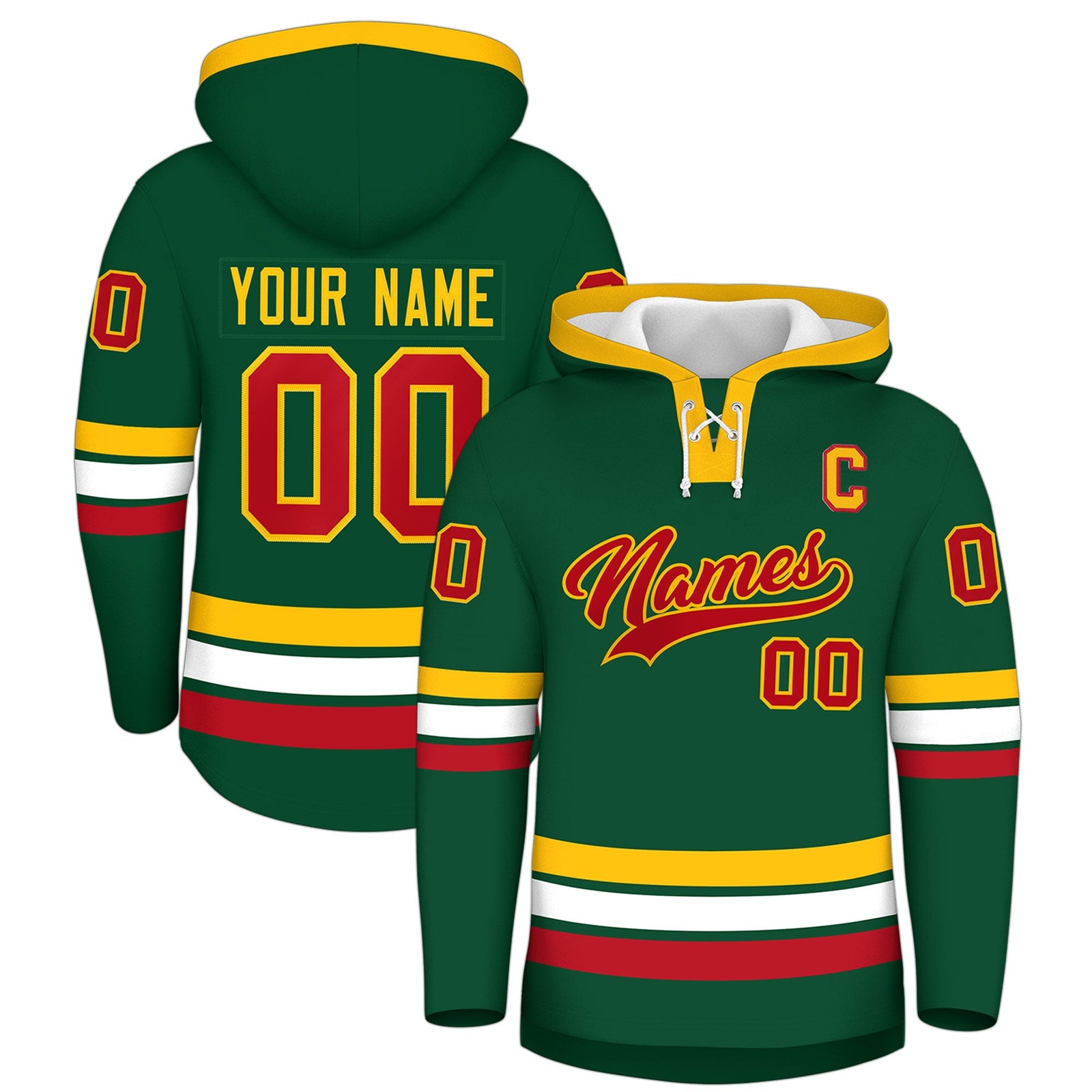 Custom Hockey Hoodie Jersey Dark Green Gold Classic Style Add Name,Number & Logo