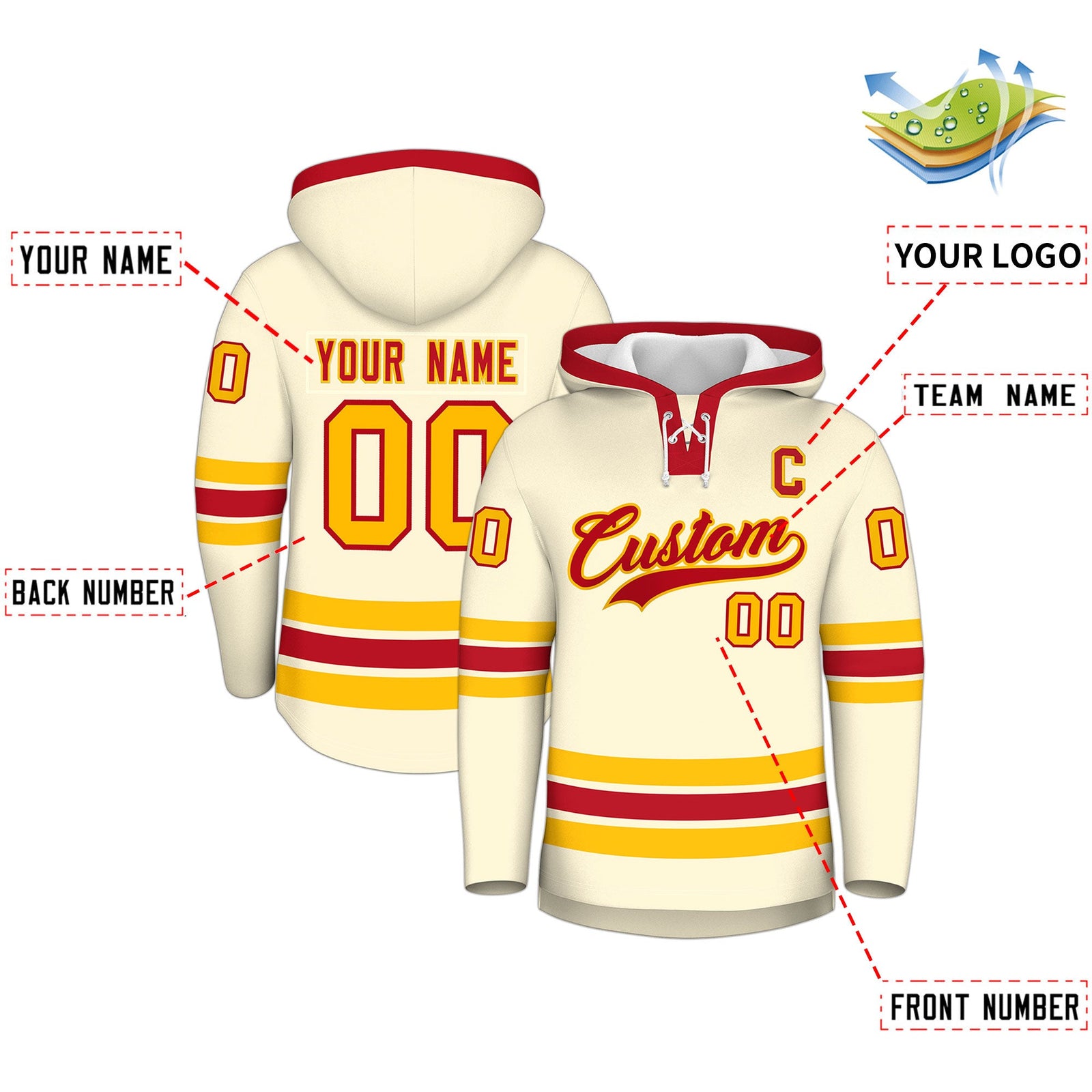 Custom Hockey Hoodie Jersey Cream Red Classic Style Add Name,Number & Logo