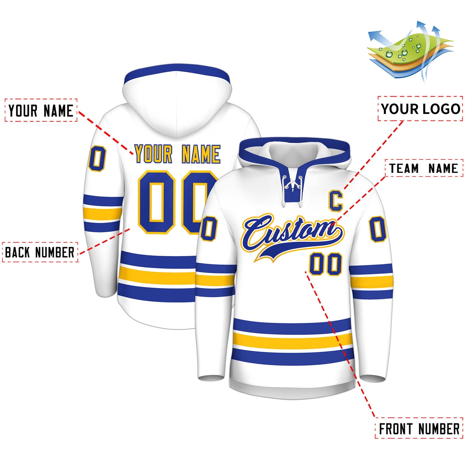 Custom Hockey Hoodie Jersey White Royal Blue Classic Style Add Name,Number & Logo