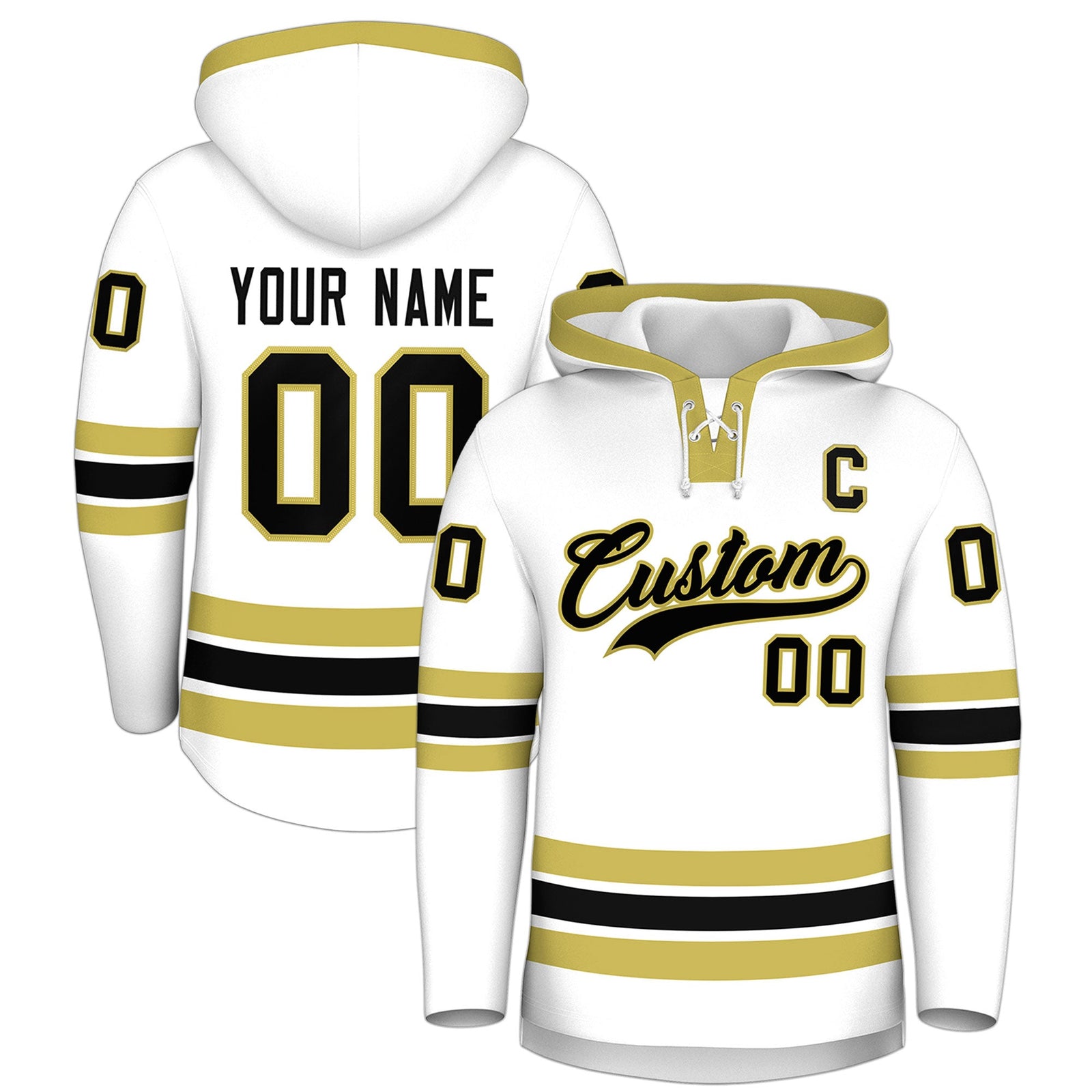 Custom Hockey Hoodie Jersey White Old Gold Classic Style Add Name,Number & Logo