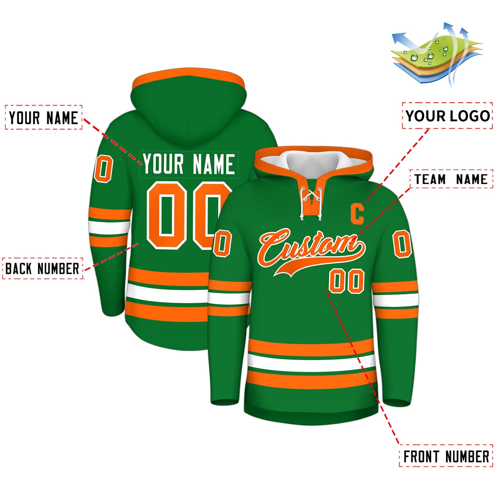 Custom Hockey Hoodie Jersey Kelly Green Orange Classic Style for Men&Youth