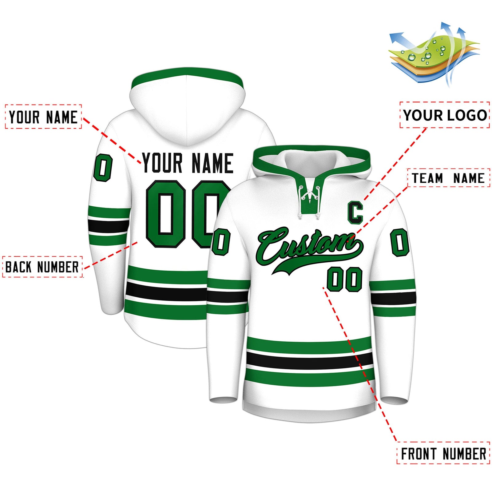 Custom Hockey Hoodie Jersey White Kelly Green Classic Style Add Name,Number & Logo