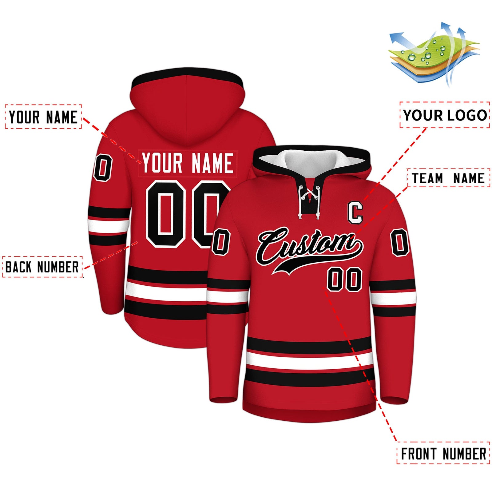 Custom Hockey Hoodie Jersey Red Black Classic Style Add Name,Number & Logo