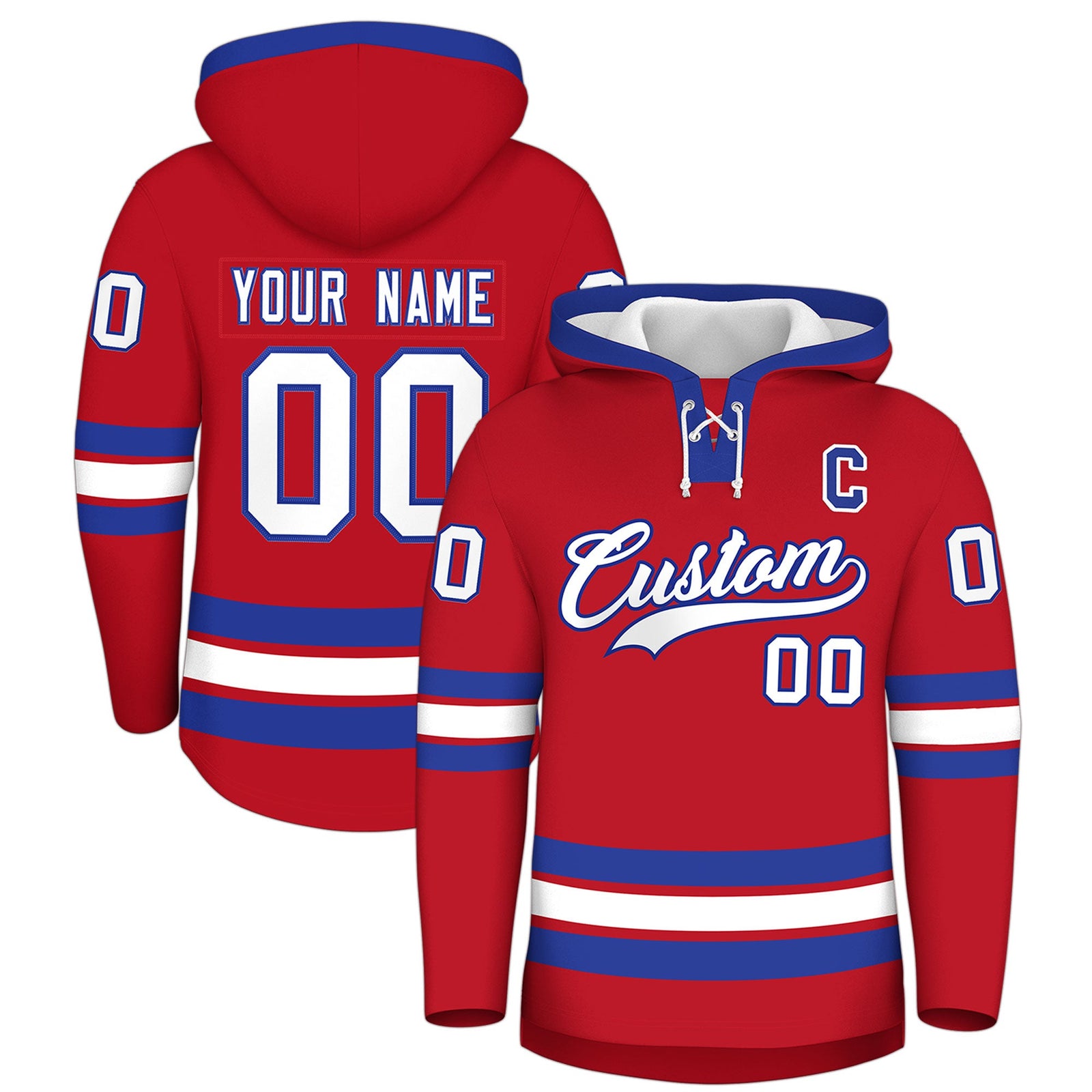 Custom Hockey Hoodie Jersey Red Royal Blue Classic Style Add Name,Number & Logo