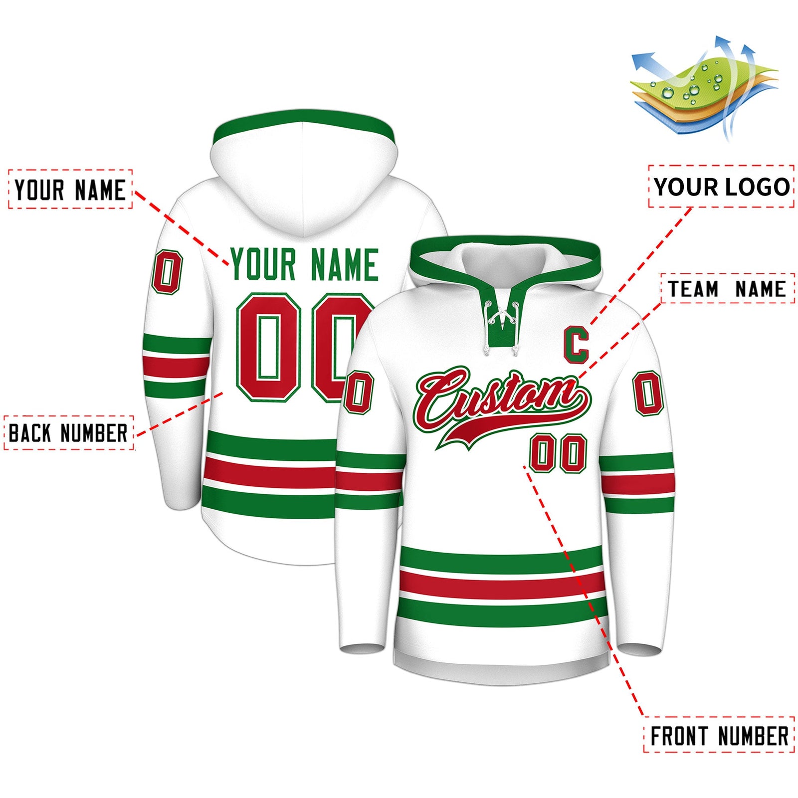 Custom Hockey Hoodie Jersey White Kelly Green Classic Style Add Name,Number & Logo