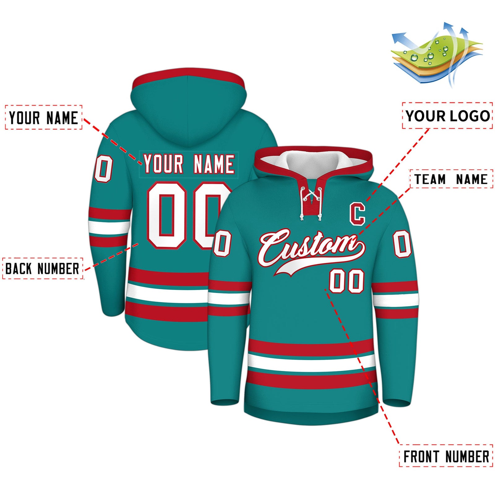Custom Hockey Hoodie Jersey Teal Red Classic Style for Men&Youth