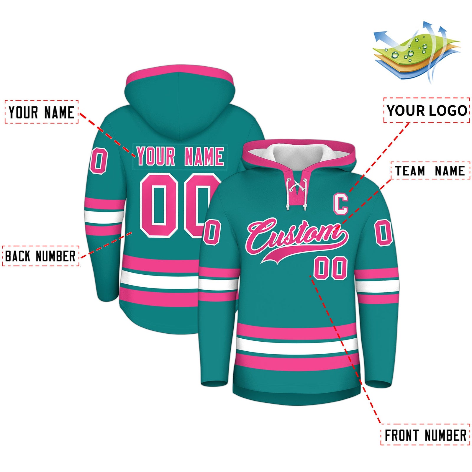 Custom Hockey Hoodie Jersey Teal Pink Classic Style for Men&Youth