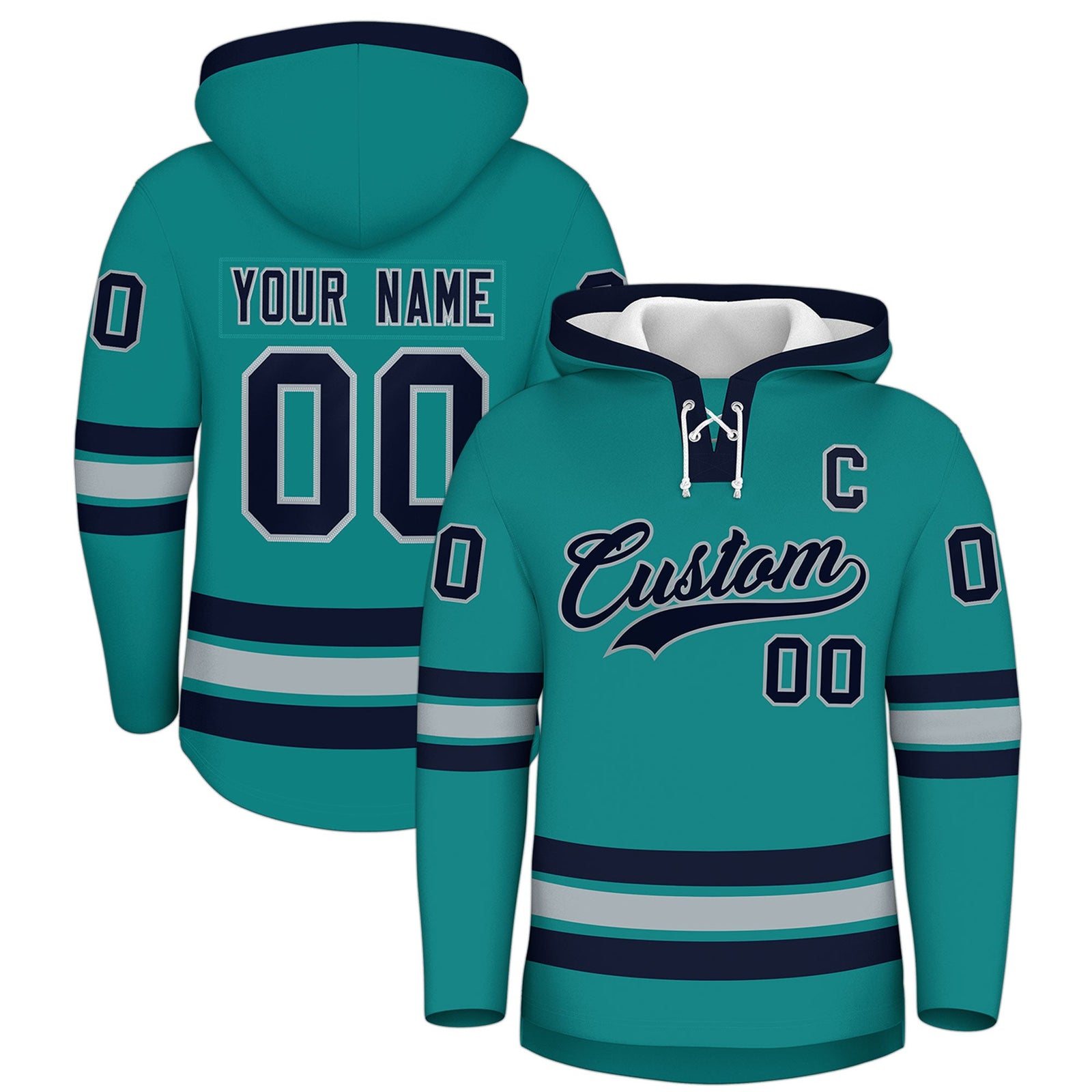 Custom Hockey Hoodie Jersey Teal Navy Classic Style Add Name,Number & Logo
