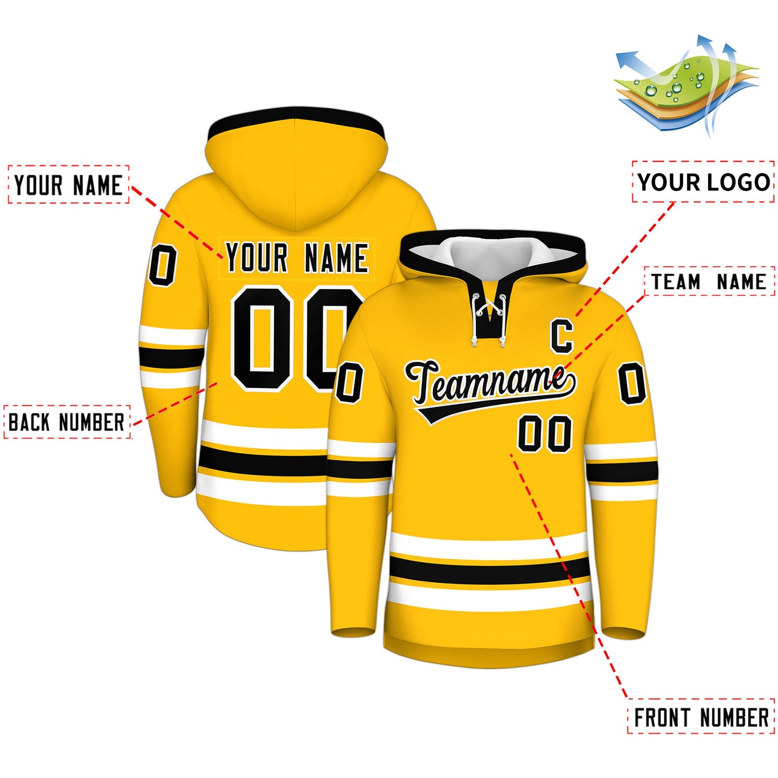 Custom Hockey Hoodie Jersey Gold Black Classic Style Add Name,Number & Logo