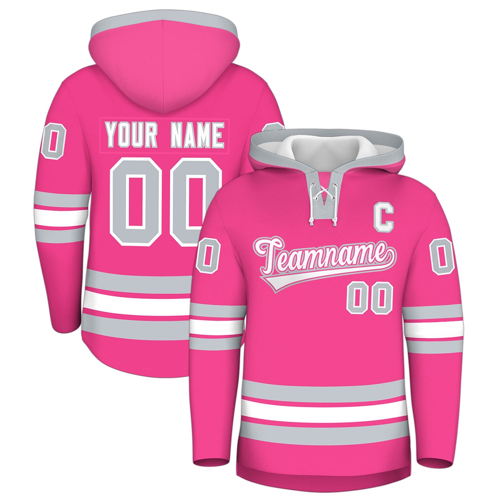 Custom Hockey Hoodie Jersey Pink Silver Classic Style Add Name,Number & Logo