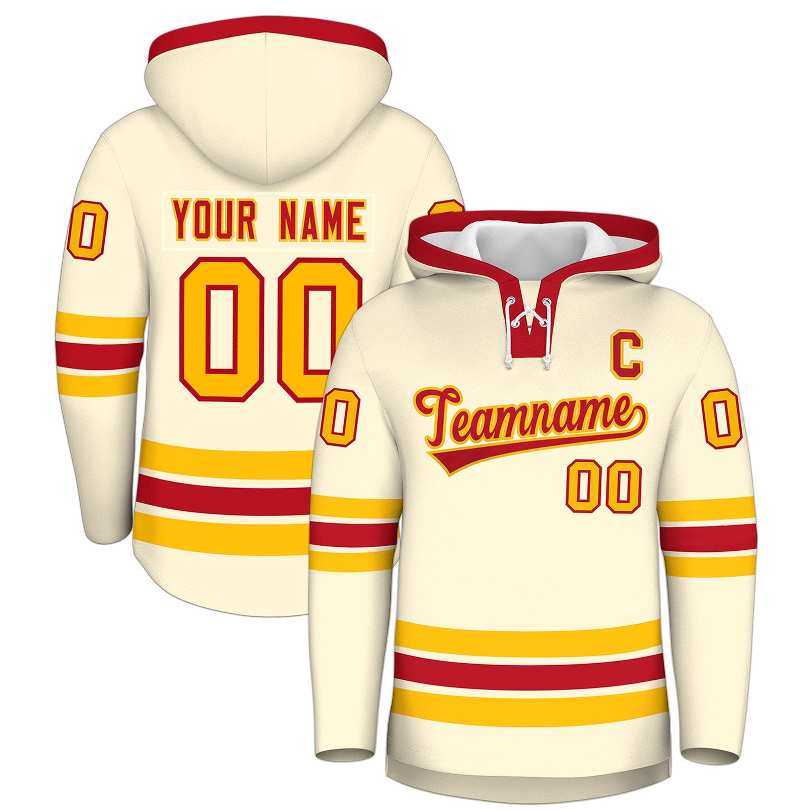 Custom Hockey Hoodie Jersey Cream Red Classic Style Add Name,Number & Logo