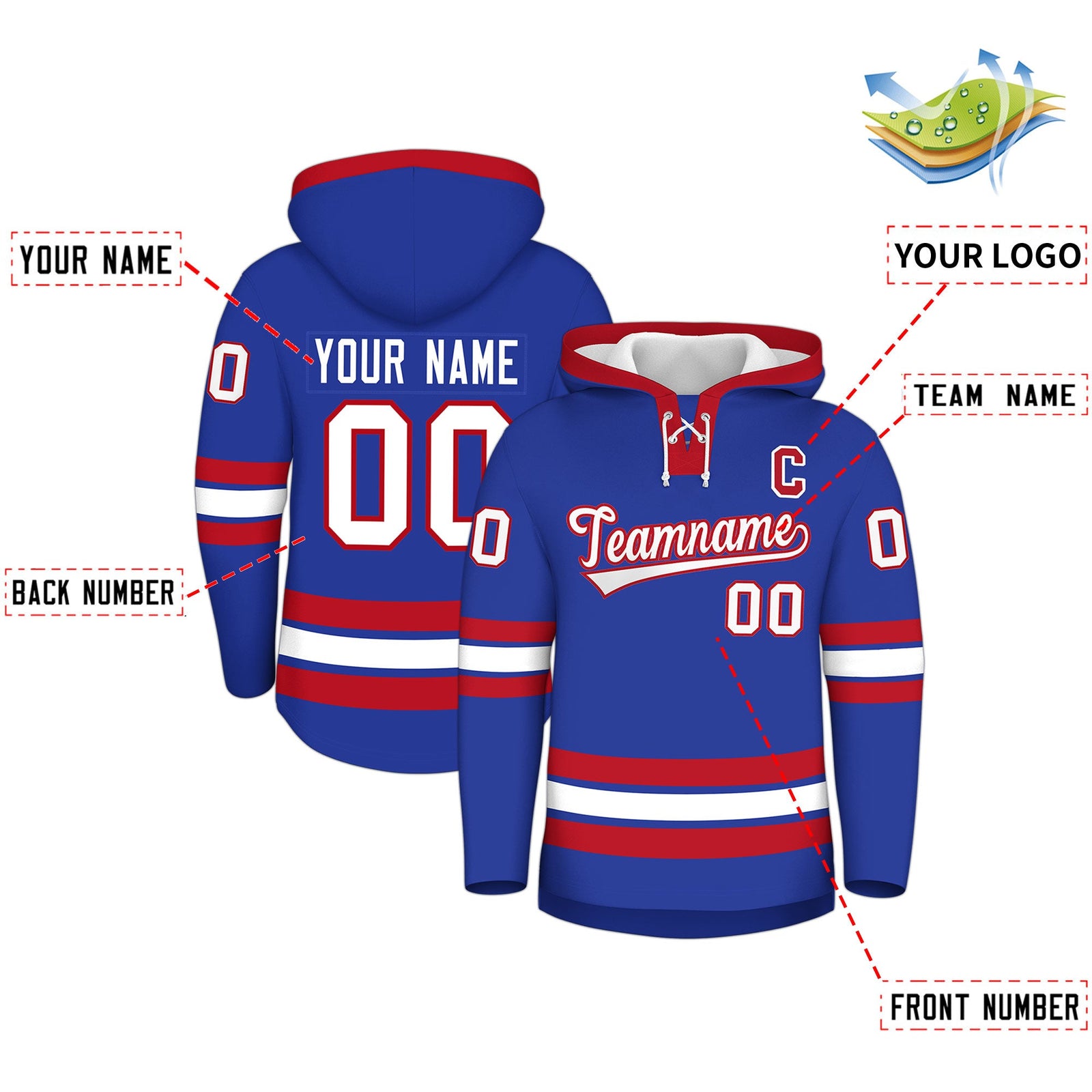 Custom Hockey Hoodie Jersey Royal Blue Red Classic Style Add Name,Number & Logo