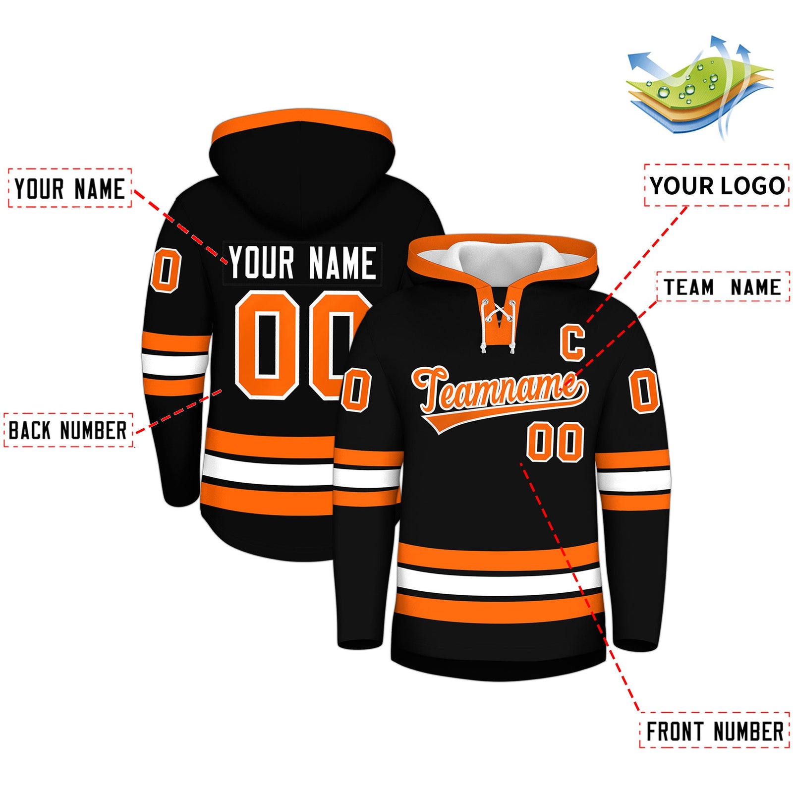 Custom Hockey Hoodie Jersey Black Orange Classic Style Add Name,Number & Logo