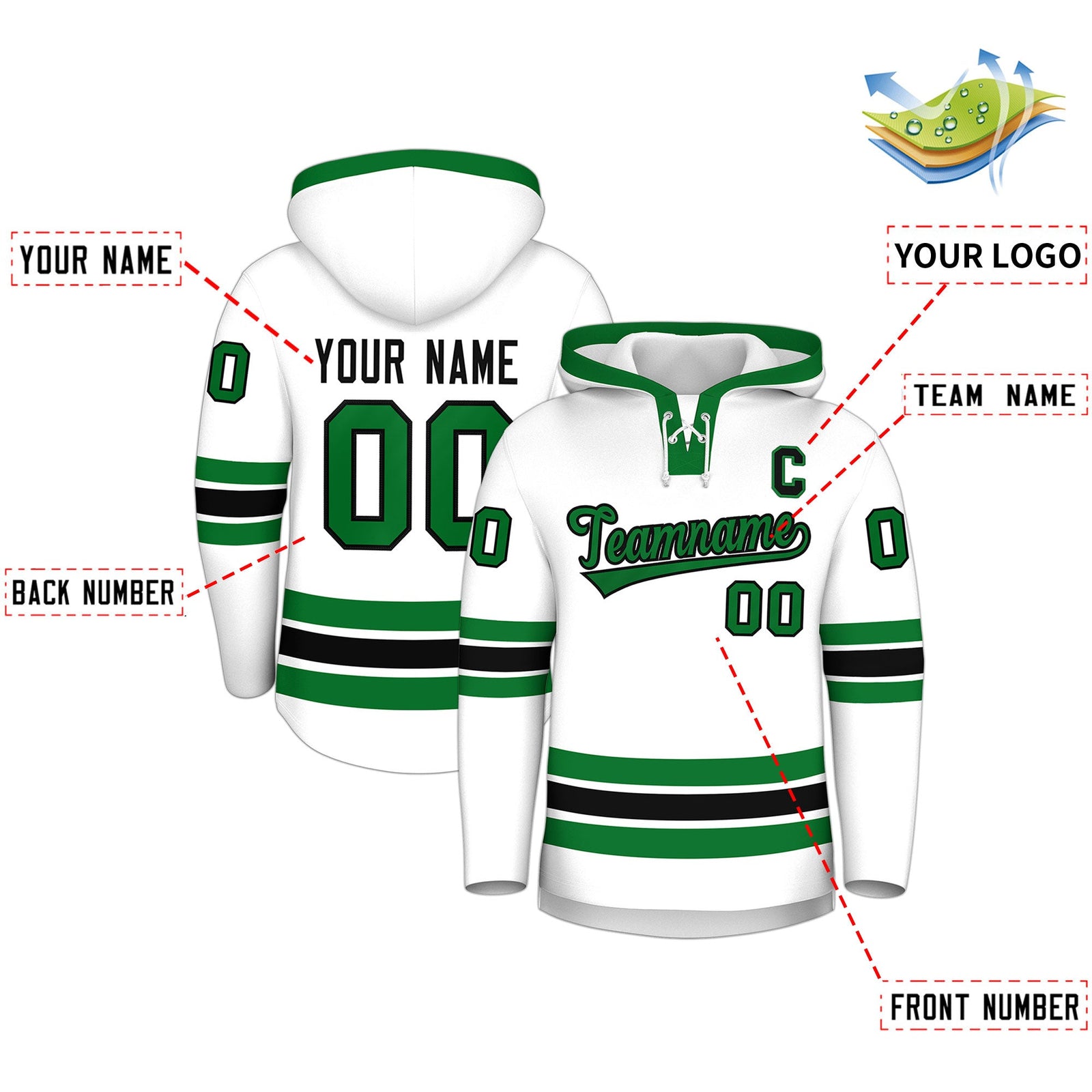 Custom Hockey Hoodie Jersey White Kelly Green Classic Style Add Name,Number & Logo