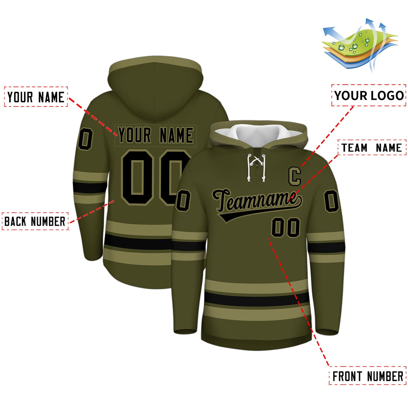 Custom Hockey Hoodie Jersey Olive Black Classic Style Add Name,Number & Logo