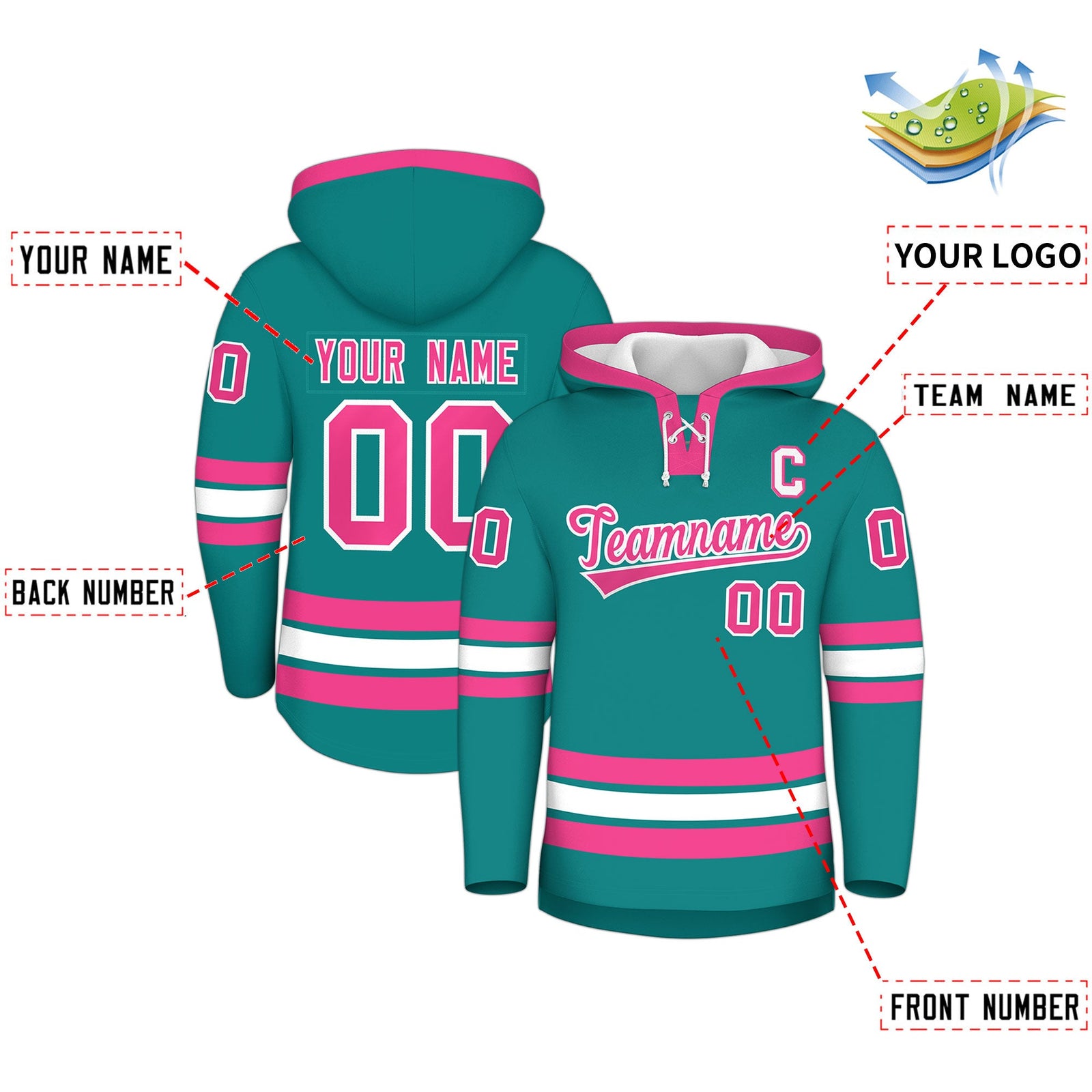 Custom Hockey Hoodie Jersey Teal Pink Classic Style for Men&Youth