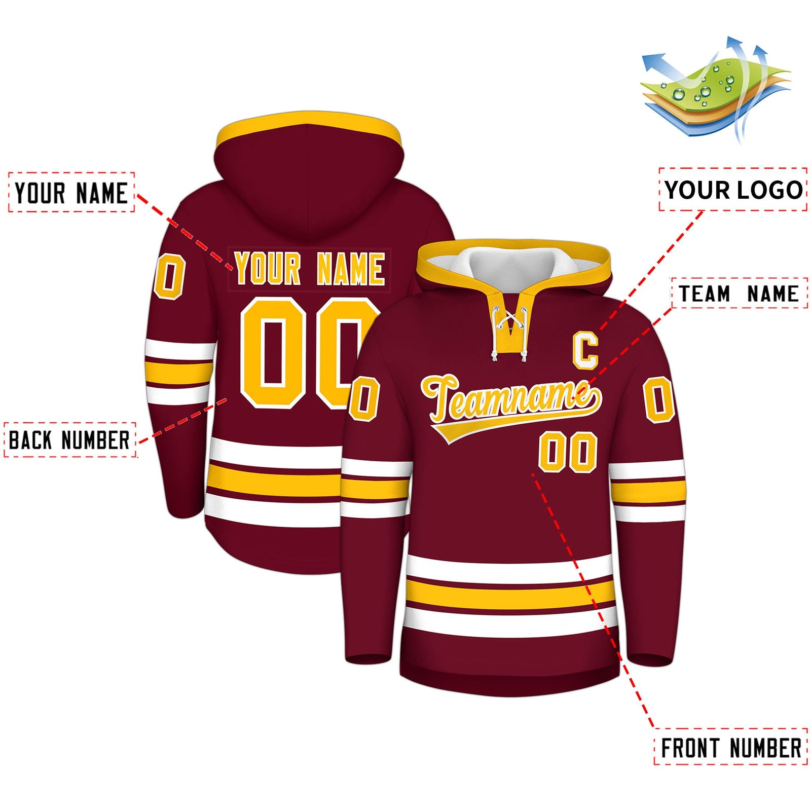 Custom Hockey Hoodie Jersey Crimson Gold Classic Style Add Name,Number & Logo