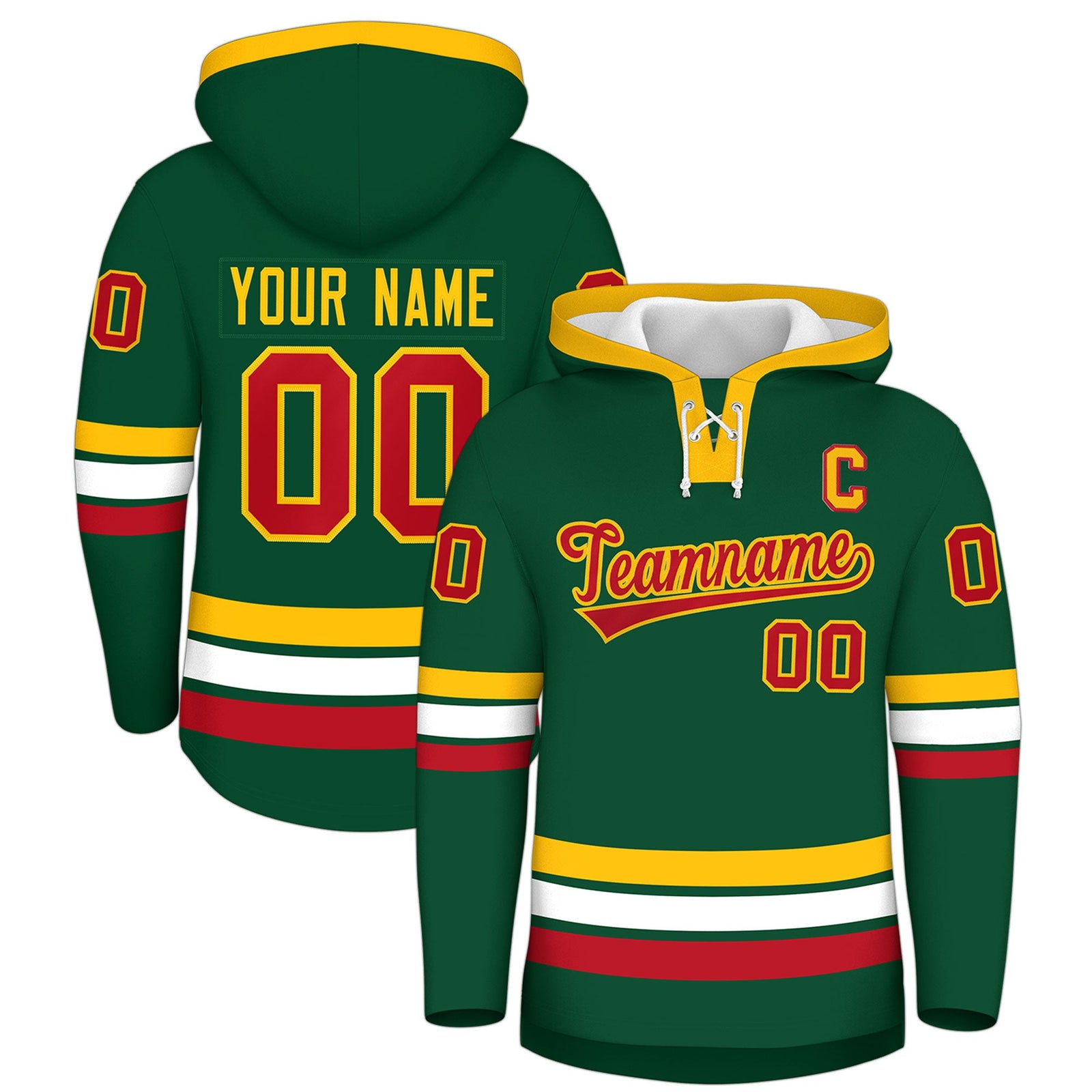 Custom Hockey Hoodie Jersey Dark Green Gold Classic Style Add Name,Number & Logo