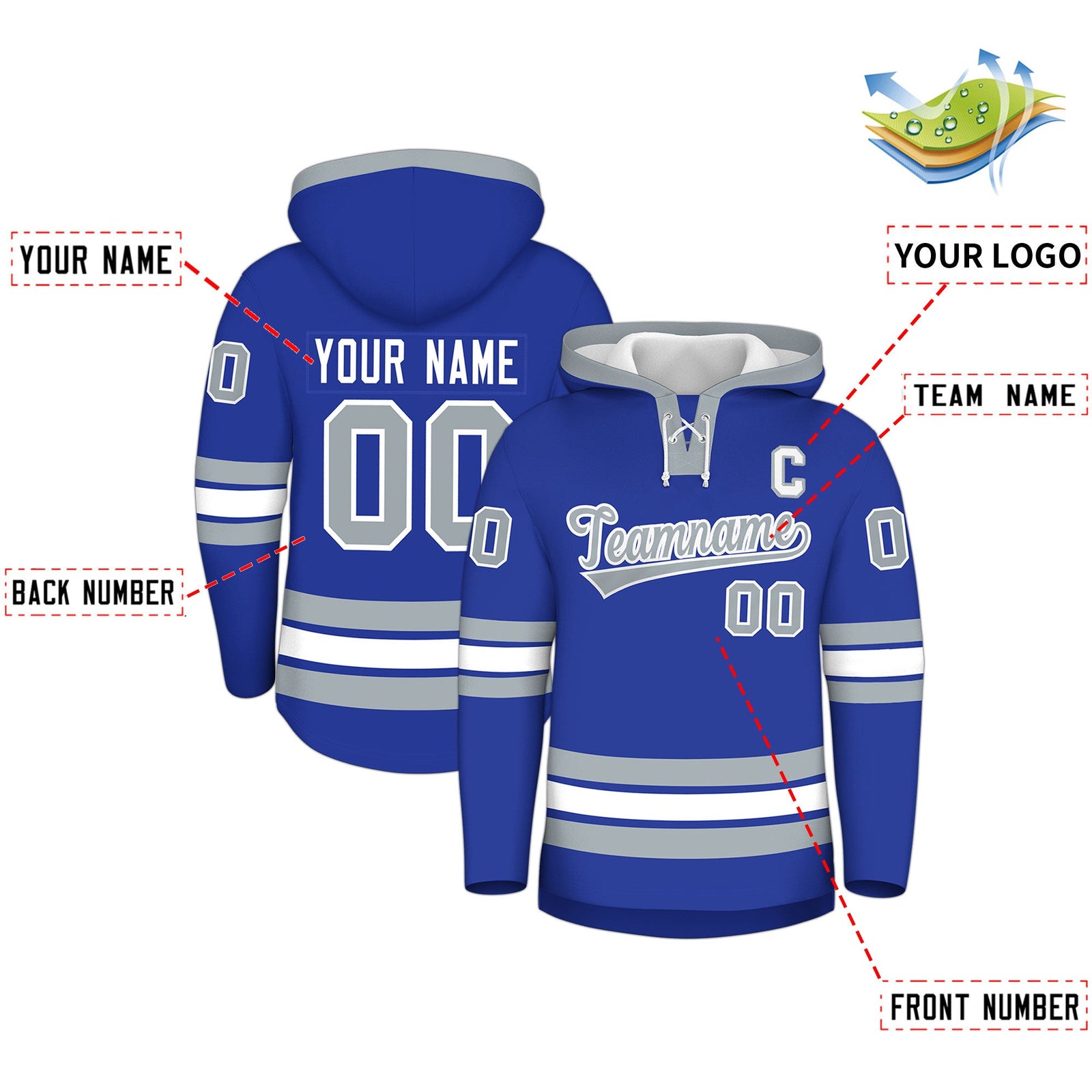 Custom Hockey Hoodie Jersey Royal Blue Silver Classic Style for Men&Youth