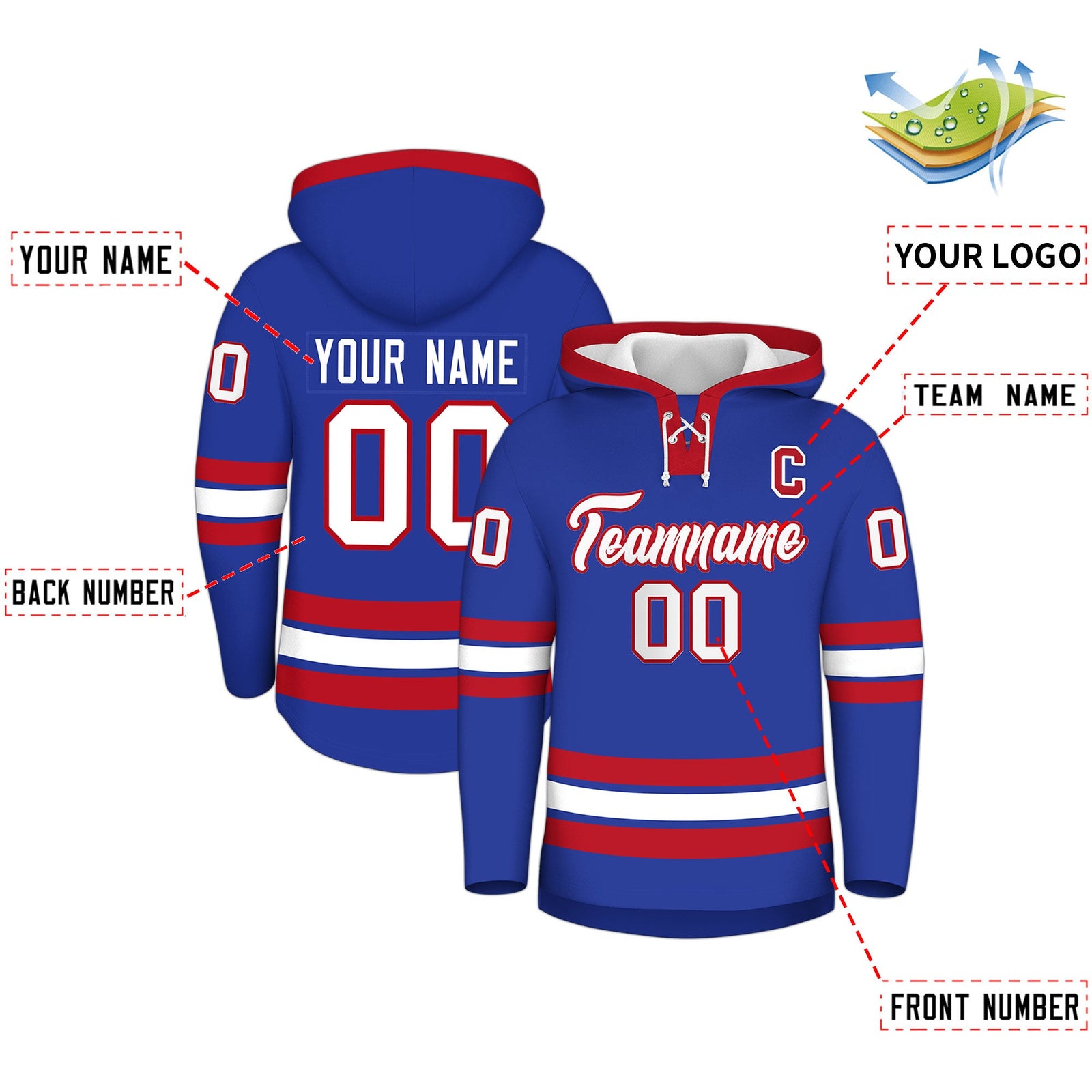 Custom Hockey Hoodie Jersey Royal Blue Red Classic Style Add Name,Number & Logo