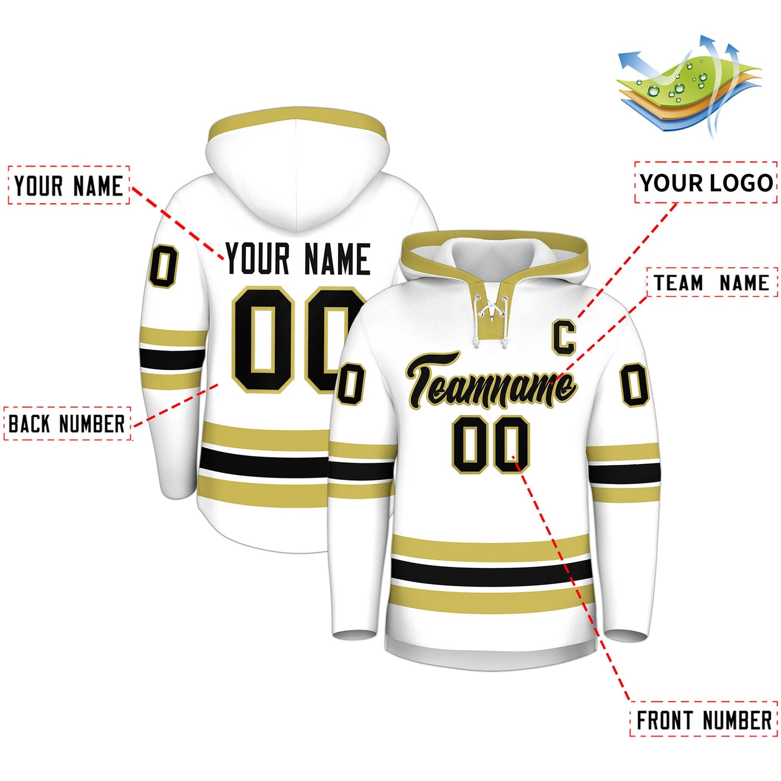 Custom Hockey Hoodie Jersey White Old Gold Classic Style Add Name,Number & Logo
