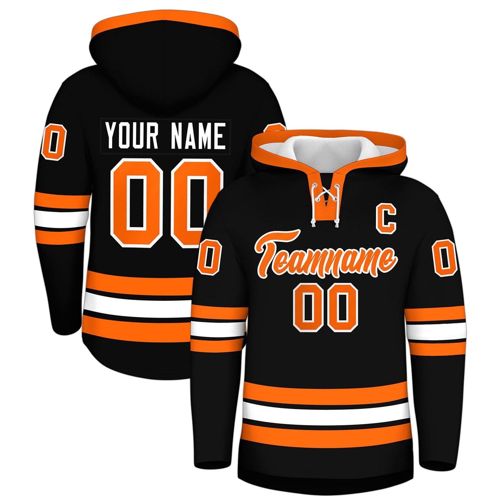 Custom Hockey Hoodie Jersey Black Orange Classic Style Add Name,Number & Logo
