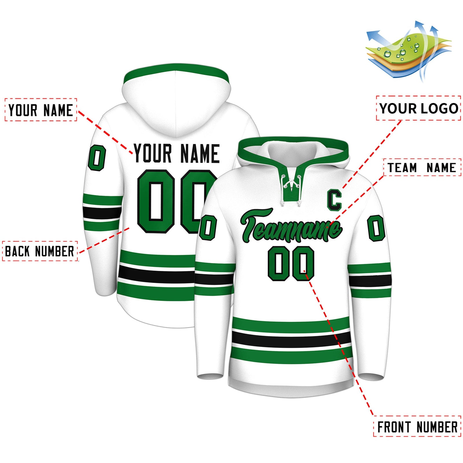 Custom Hockey Hoodie Jersey White Kelly Green Classic Style Add Name,Number & Logo