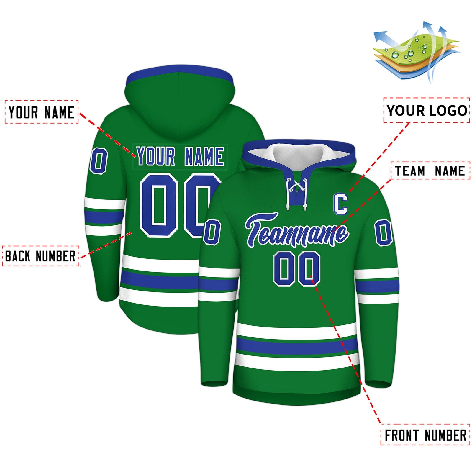 Custom Hockey Hoodie Jersey Kelly Green Royal Blue Classic Style Add Name,Number & Logo