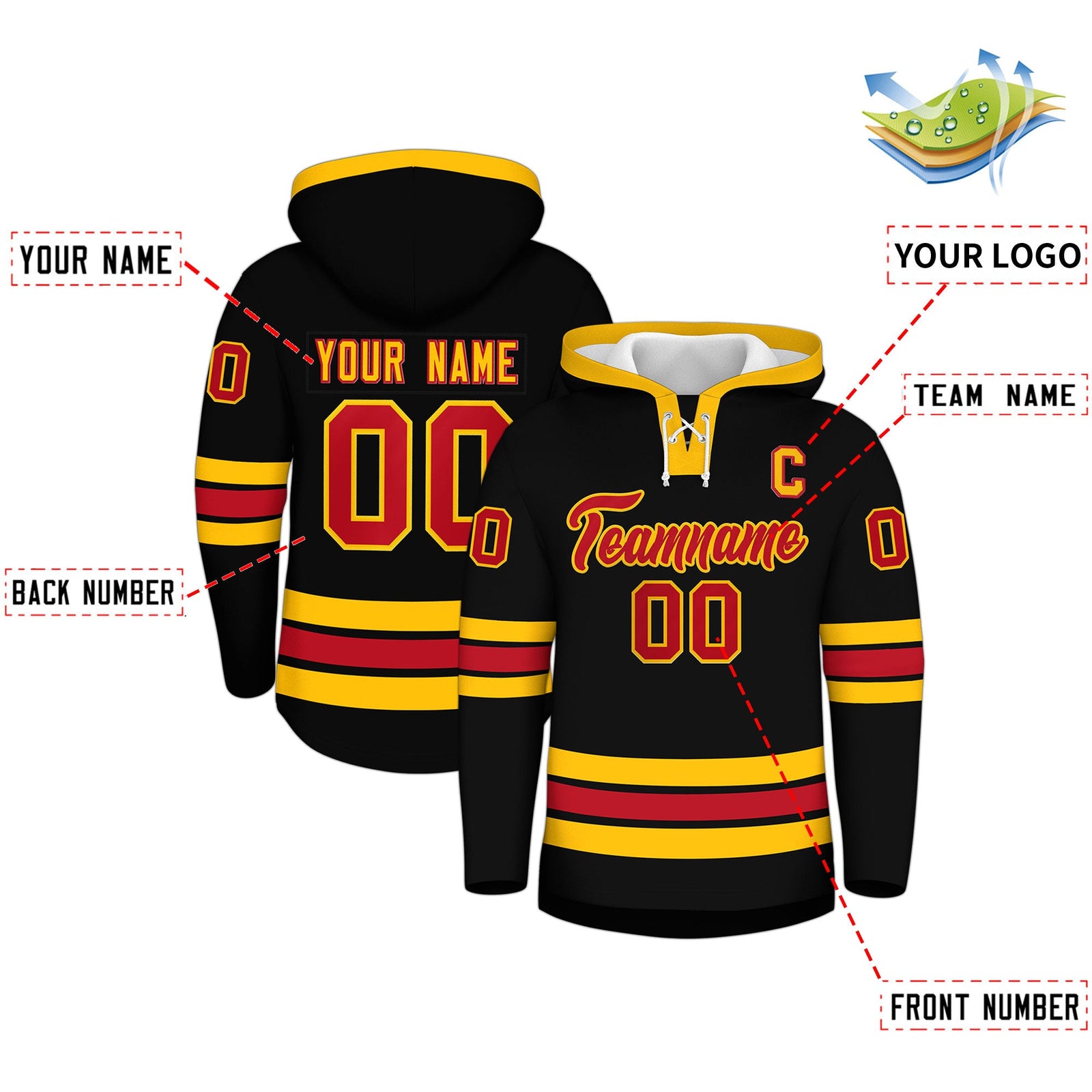 Custom Hockey Hoodie Jersey Black Red Classic Style Add Name,Number & Logo