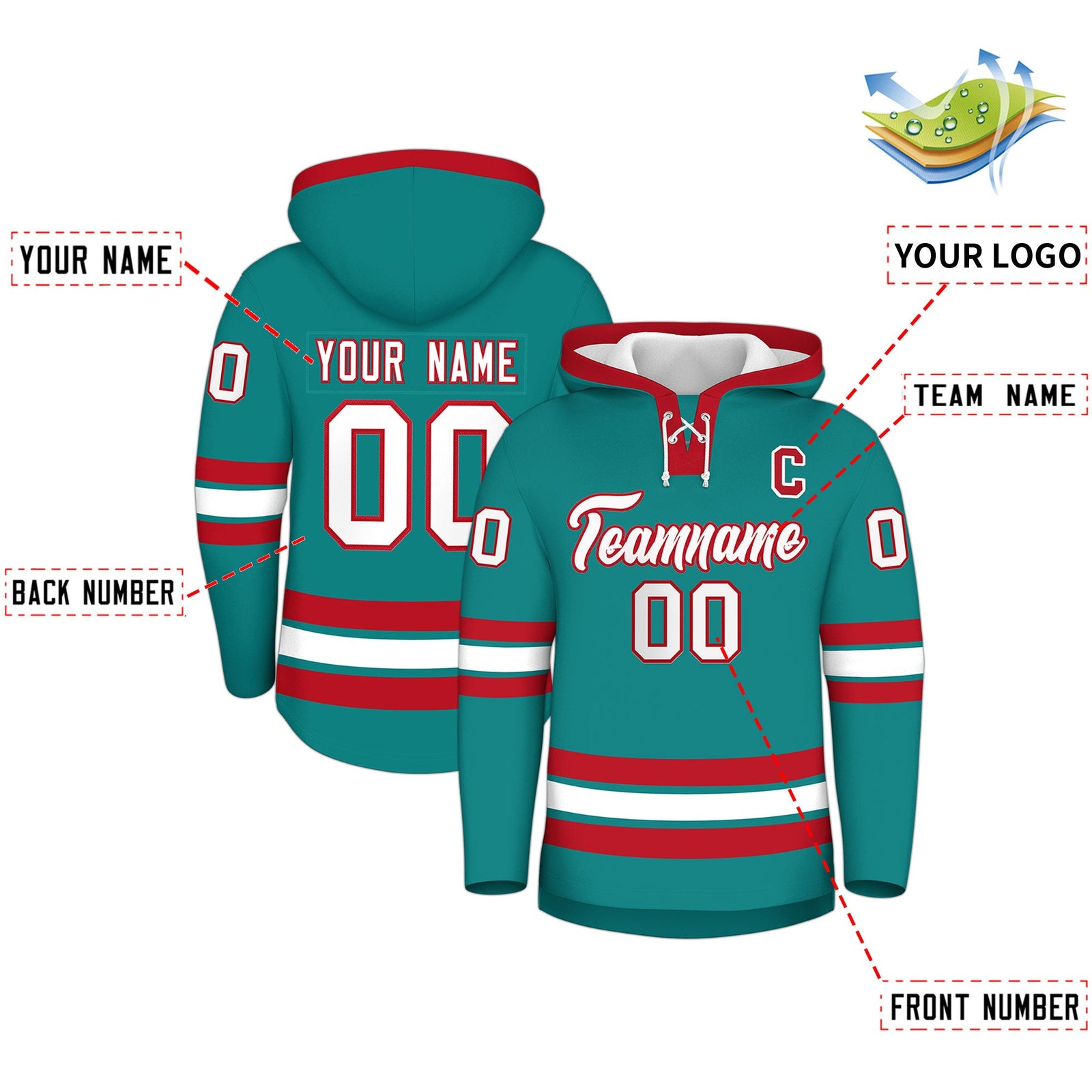 Custom Hockey Hoodie Jersey Teal Red Classic Style for Men&Youth