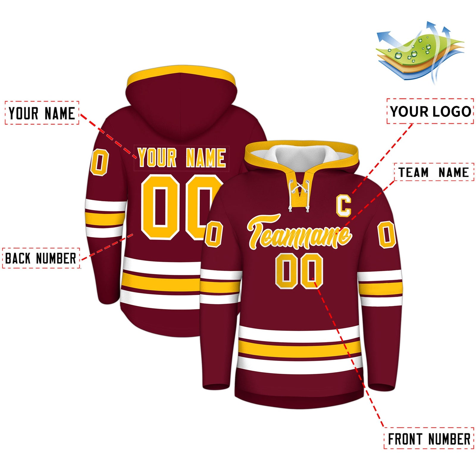 Custom Hockey Hoodie Jersey Crimson Gold Classic Style Add Name,Number & Logo