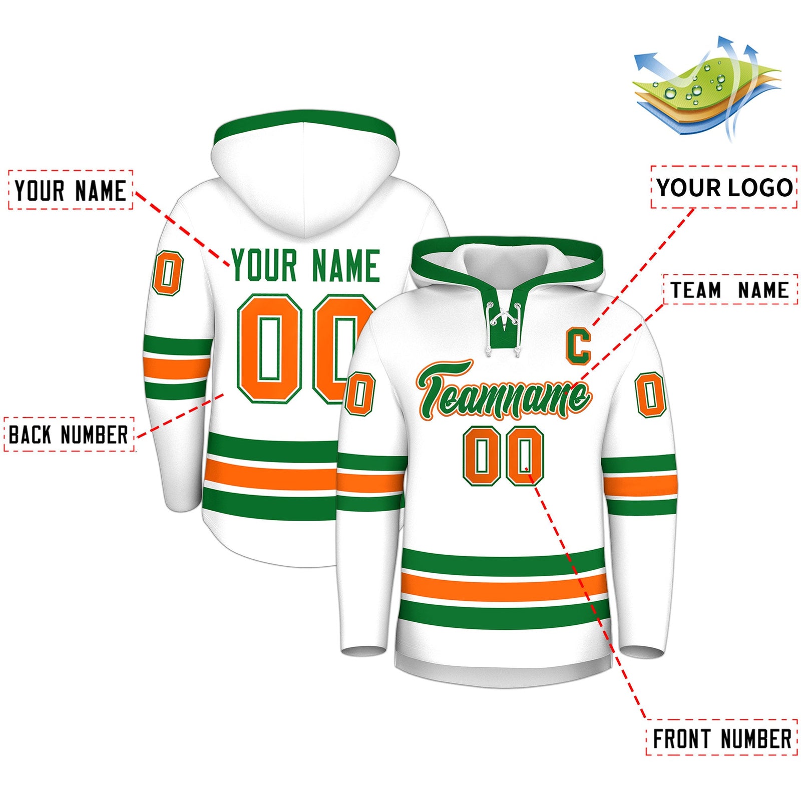 Custom Hockey Hoodie Jersey White Kelly Green Classic Style for Men&Youth