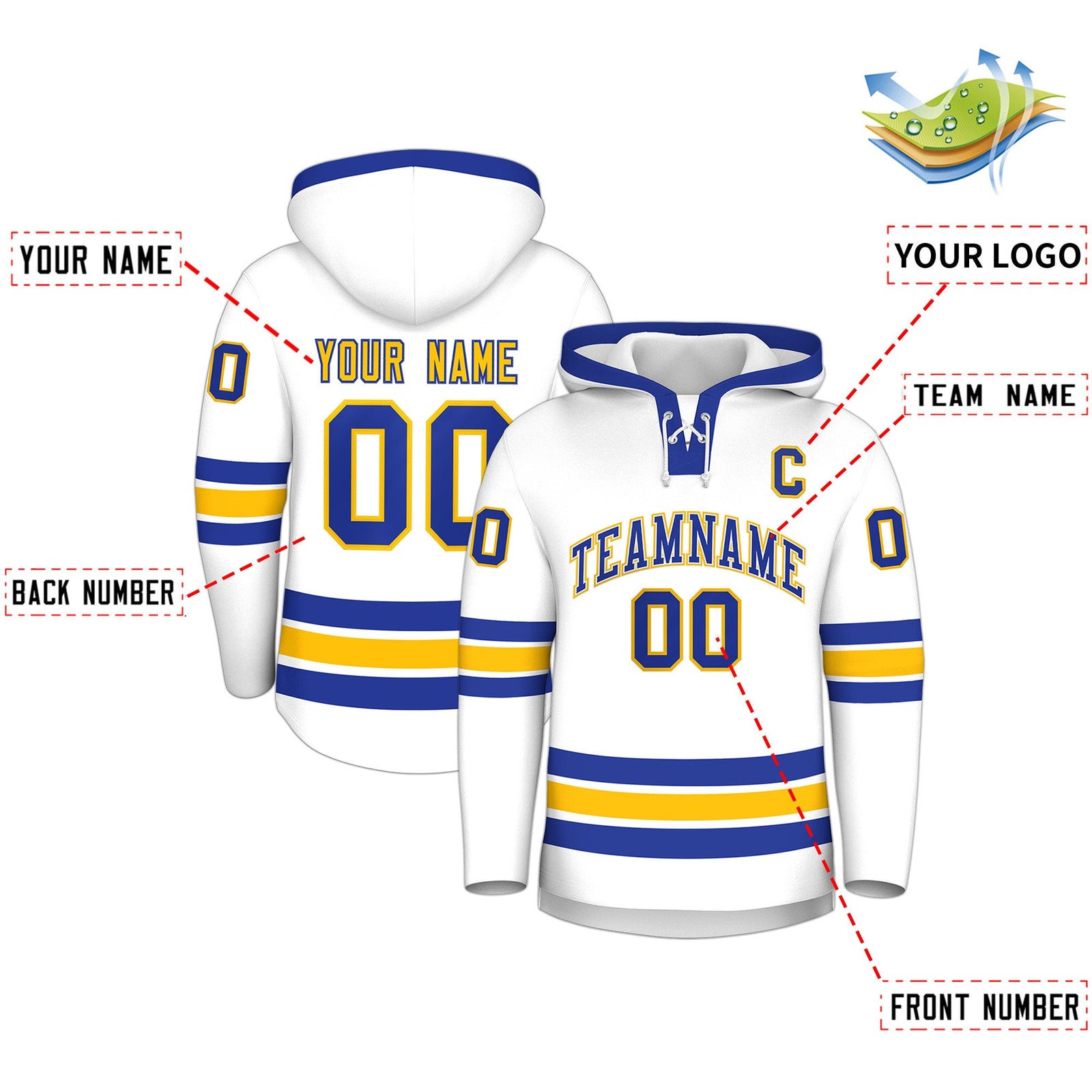 Custom Hockey Hoodie Jersey White Royal Blue Classic Style Add Name,Number & Logo