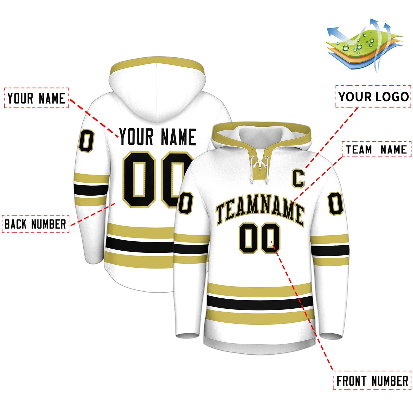 Custom Hockey Hoodie Jersey White Old Gold Classic Style Add Name,Number & Logo