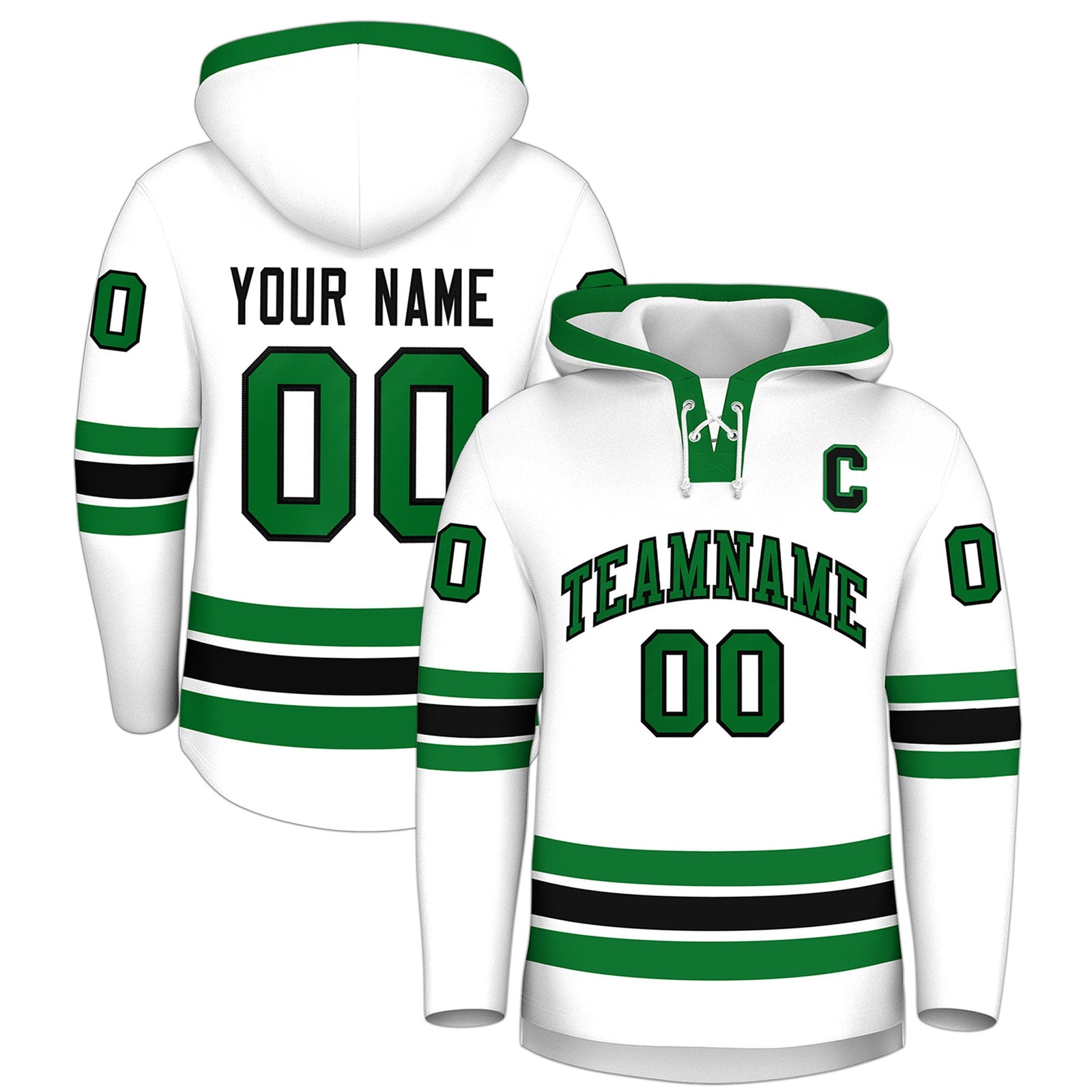 Custom Hockey Hoodie Jersey White Kelly Green Classic Style Add Name,Number & Logo
