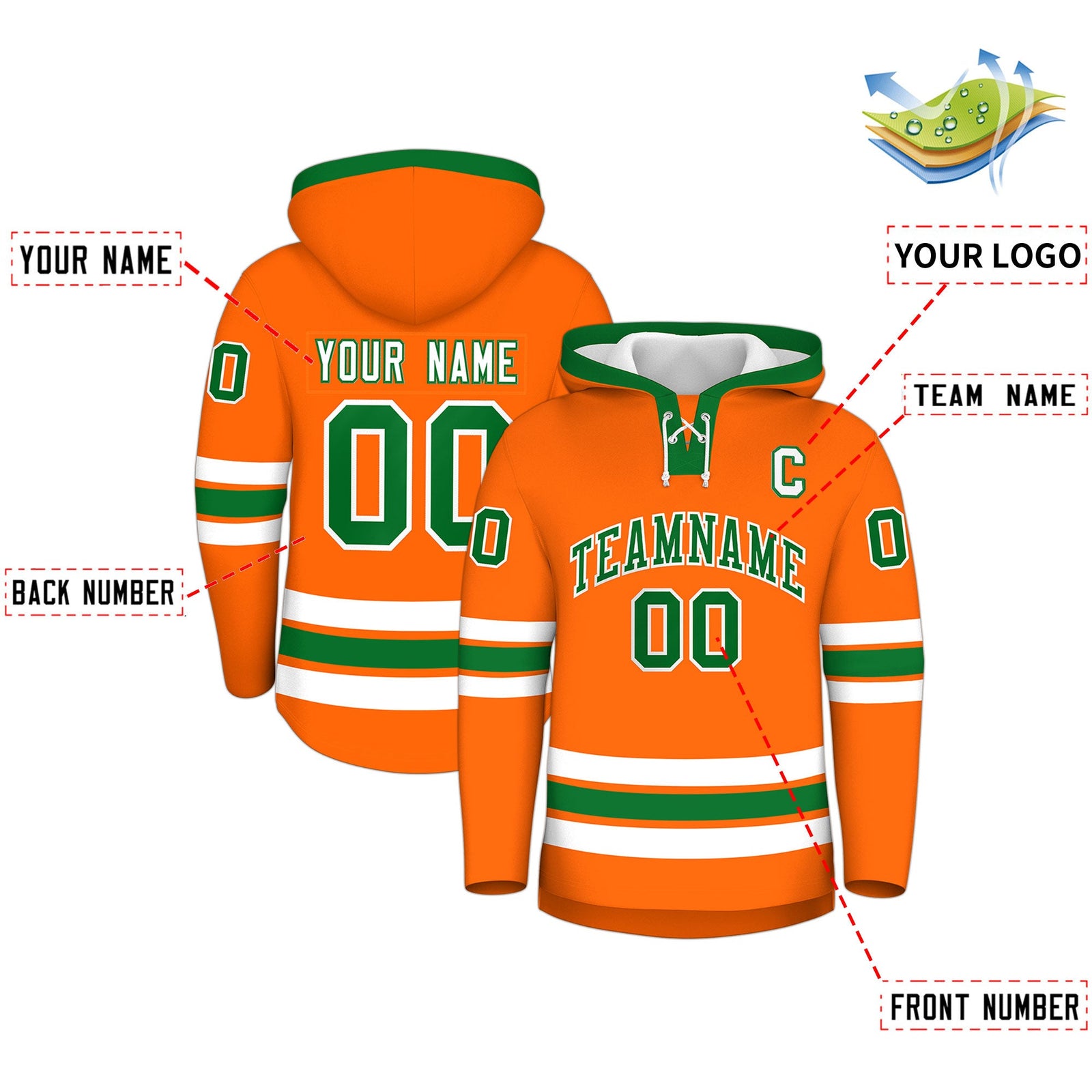 Custom Hockey Hoodie Jersey Orange Kelly Green Classic Style Add Name,Number & Logo