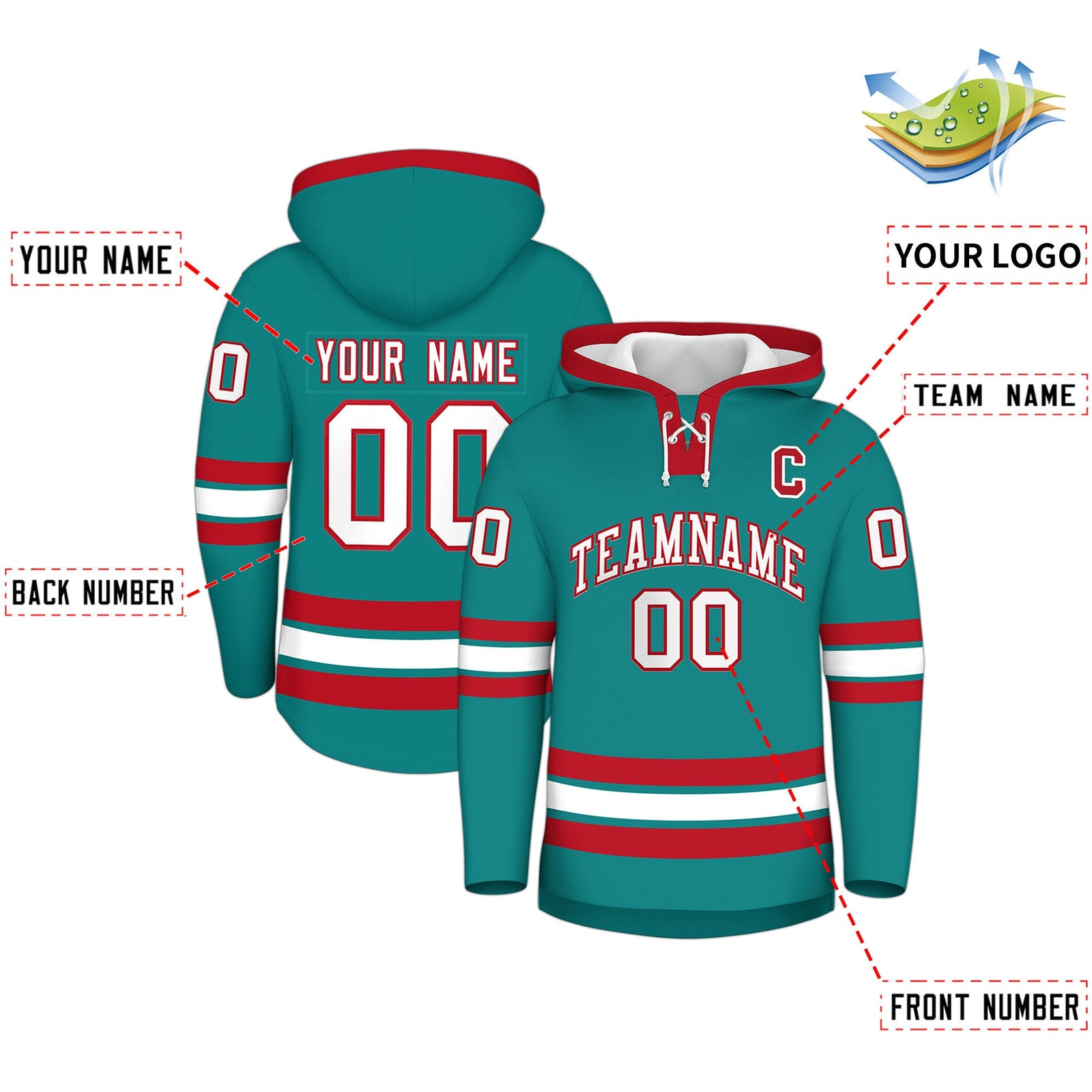 Custom Hockey Hoodie Jersey Teal Red Classic Style for Men&Youth