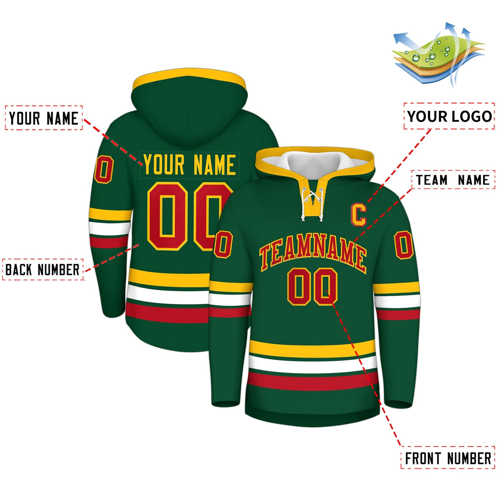 Custom Hockey Hoodie Jersey Dark Green Gold Classic Style Add Name,Number & Logo
