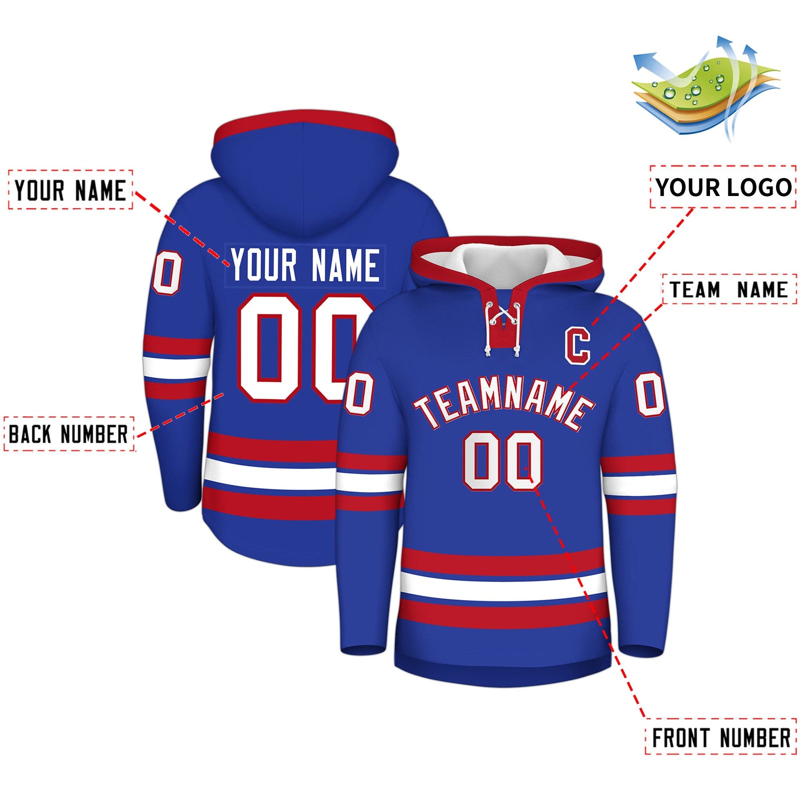 Custom Hockey Hoodie Jersey Royal Blue Red Classic Style Add Name,Number & Logo